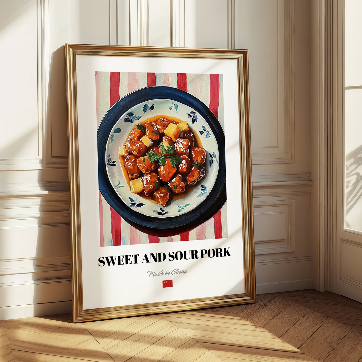 Sweet and Sour Pork – on Striped Tablecloth, Chinese Food Print