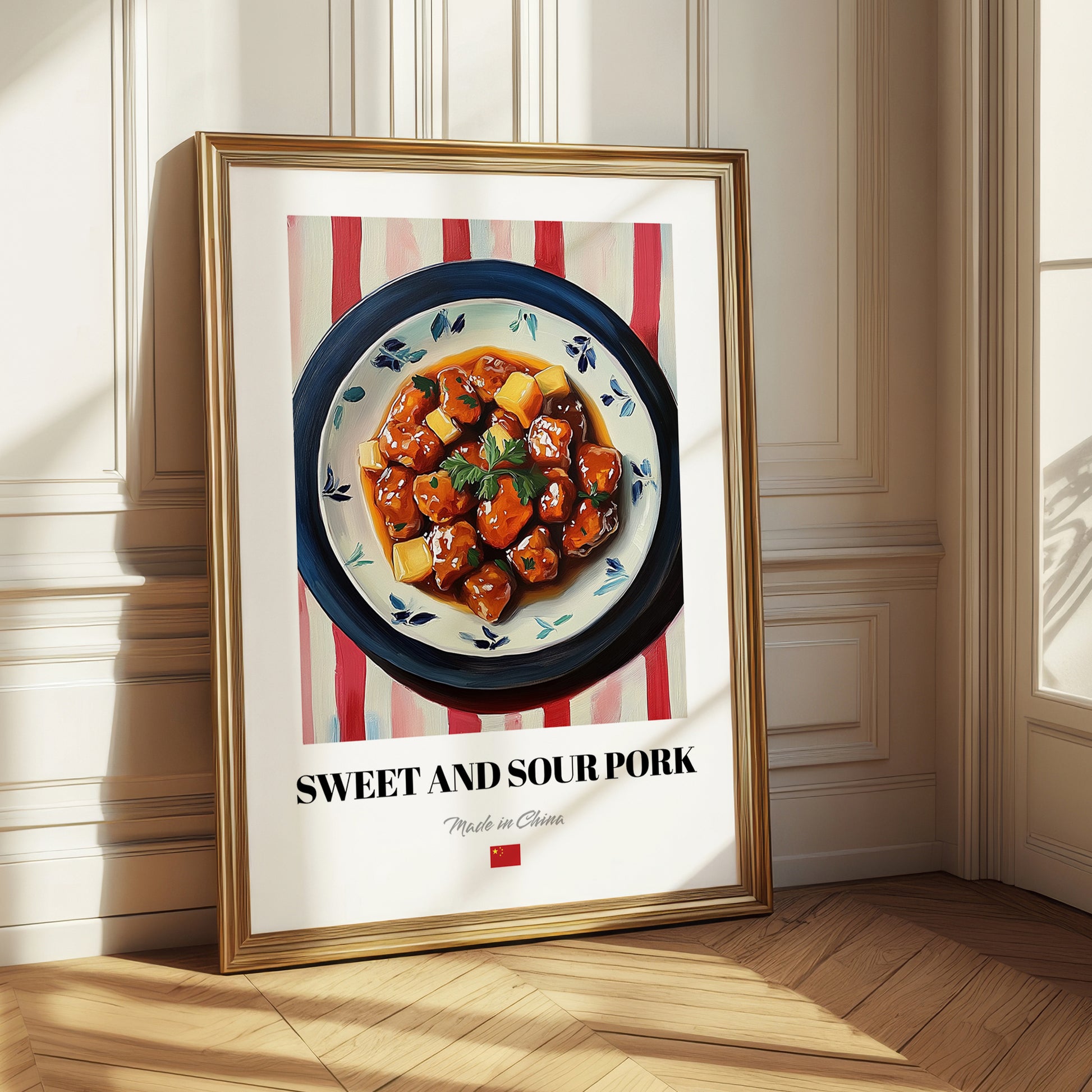 Sweet and Sour Pork – on Striped Tablecloth, Chinese Food Print