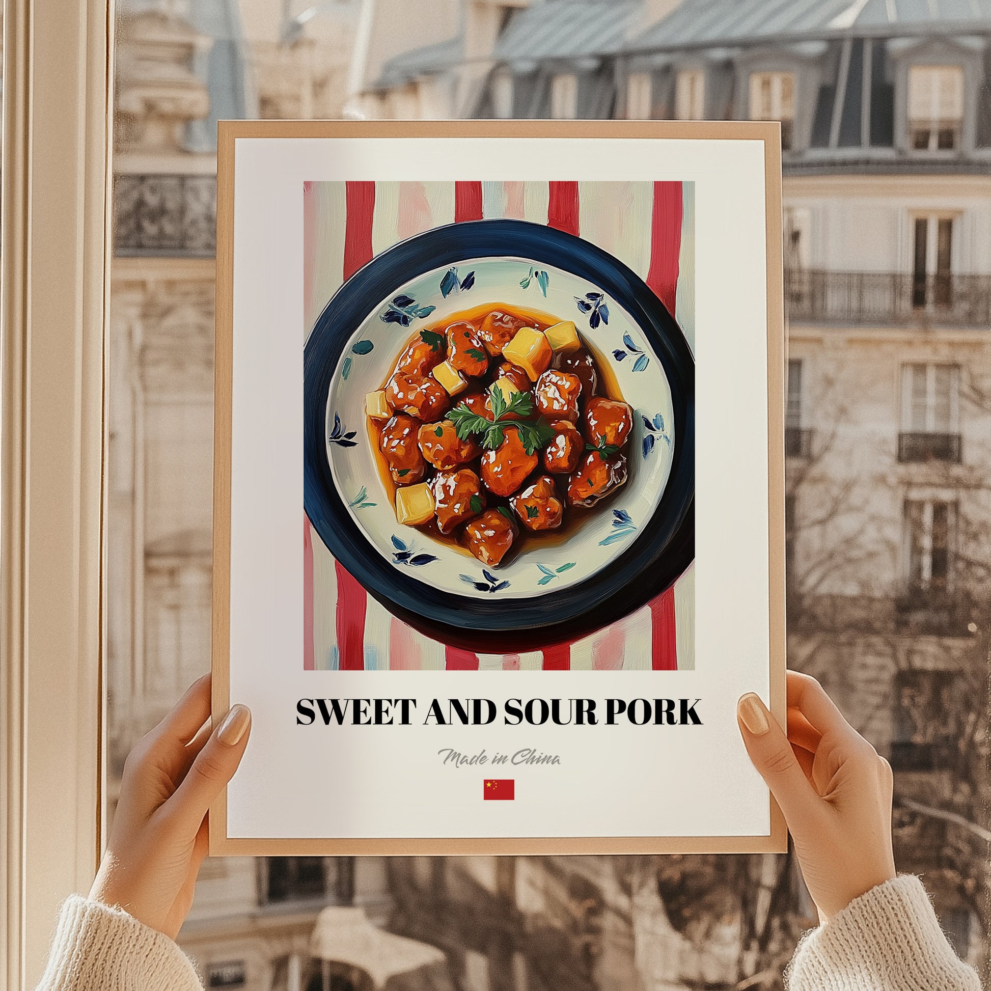Sweet and Sour Pork – on Striped Tablecloth, Chinese Food Print, styled in a charming Paris street view