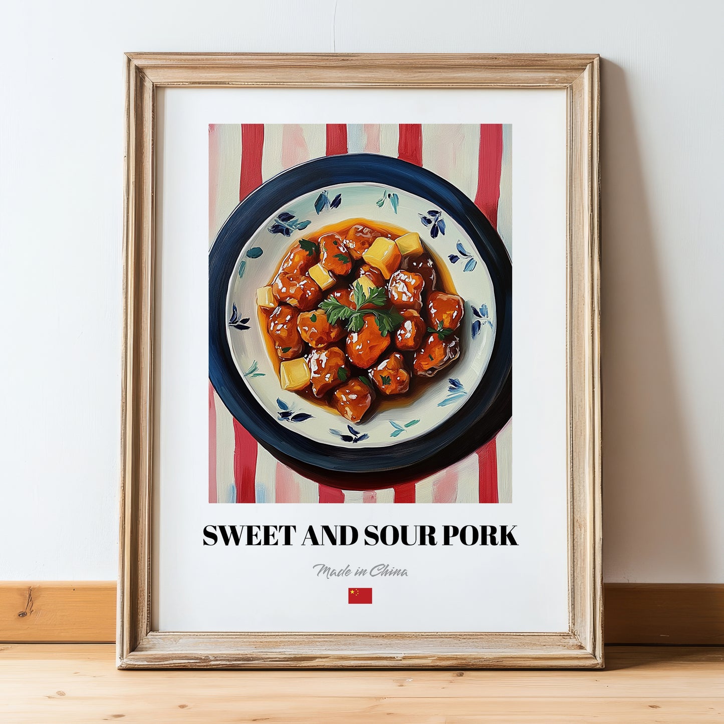 Sweet and Sour Pork – on Striped Tablecloth, Chinese Food Print, in wooden frame leaning on the floor