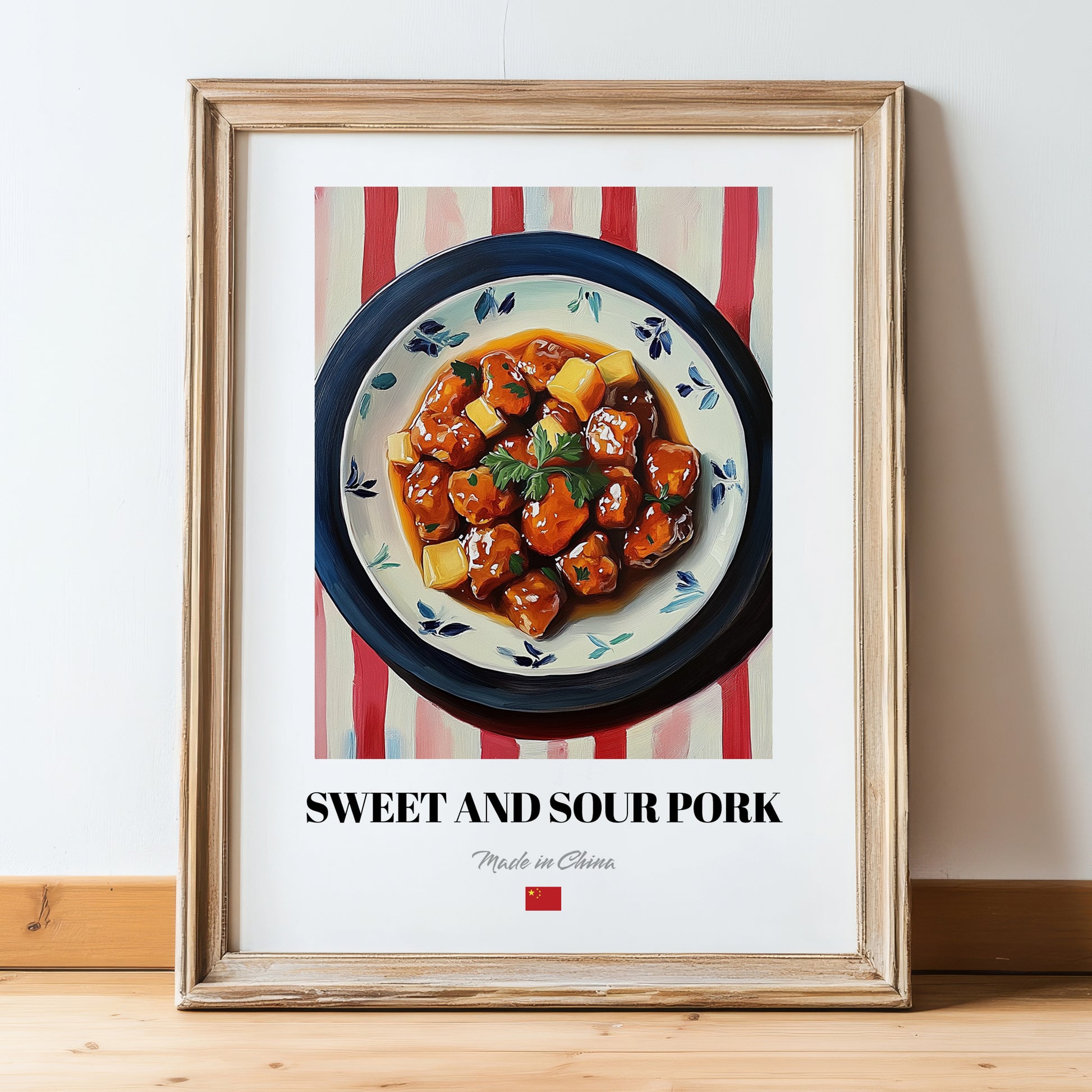 Sweet and Sour Pork – on Striped Tablecloth, Chinese Food Print, in wooden frame leaning on the floor