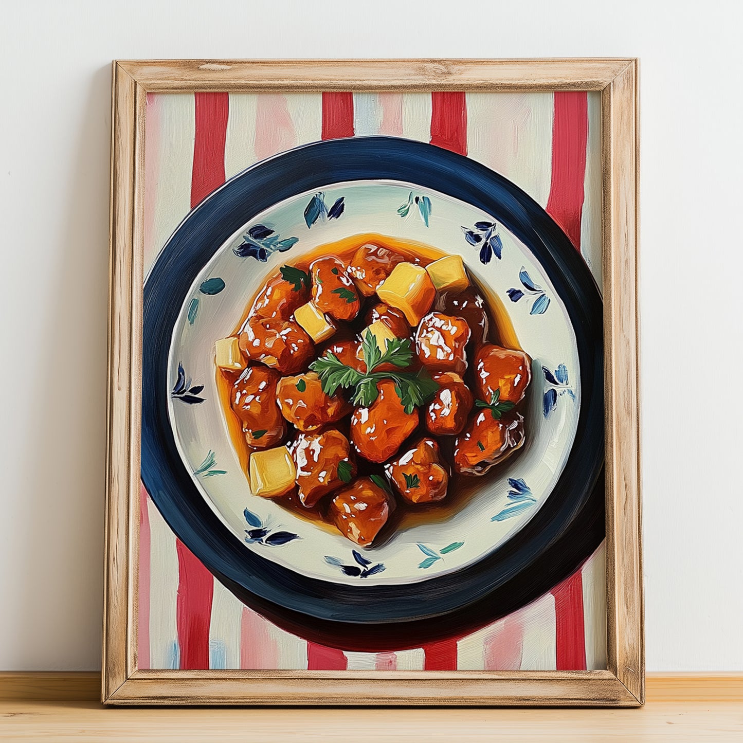 Sweet and Sour Pork – on Striped Tablecloth, Chinese Food Print, no-text version framed in wood