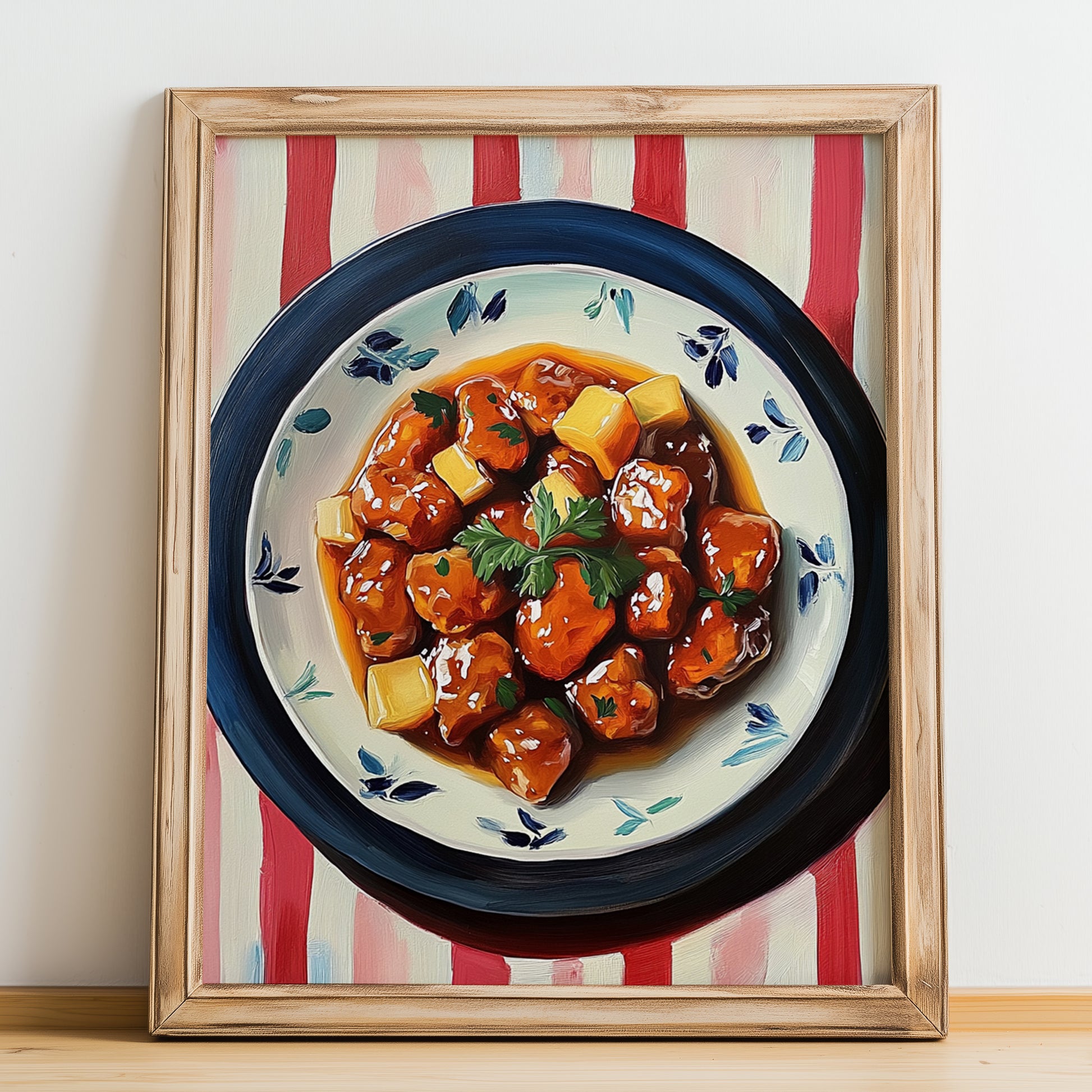 Sweet and Sour Pork – on Striped Tablecloth, Chinese Food Print, no-text version framed in wood