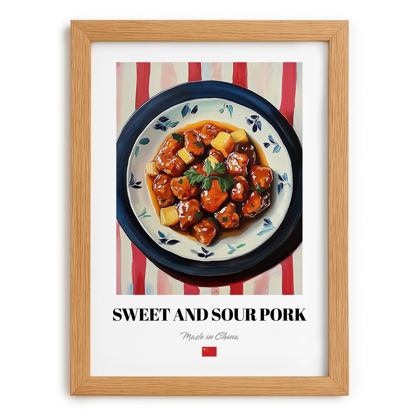 Sweet and Sour Pork – on Striped Tablecloth, Chinese Food Print, set in oak frame