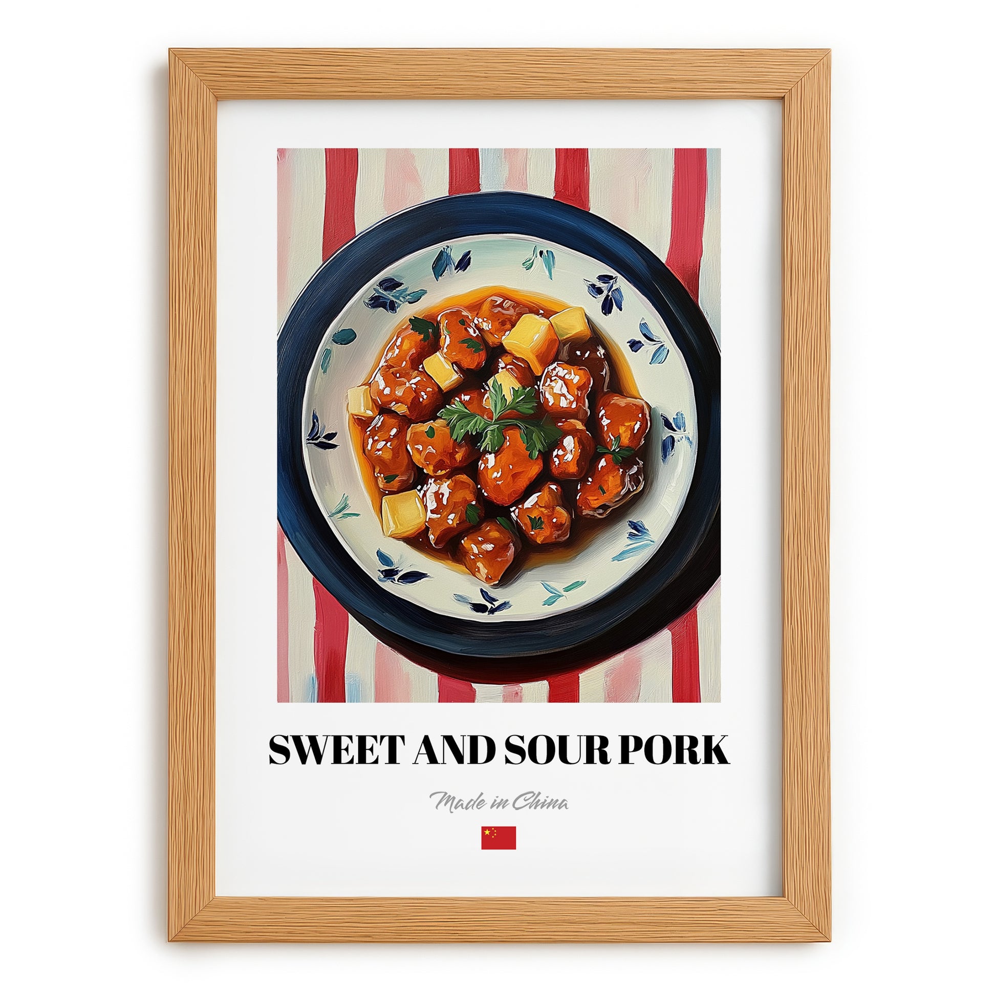 Sweet and Sour Pork – on Striped Tablecloth, Chinese Food Print, set in oak frame