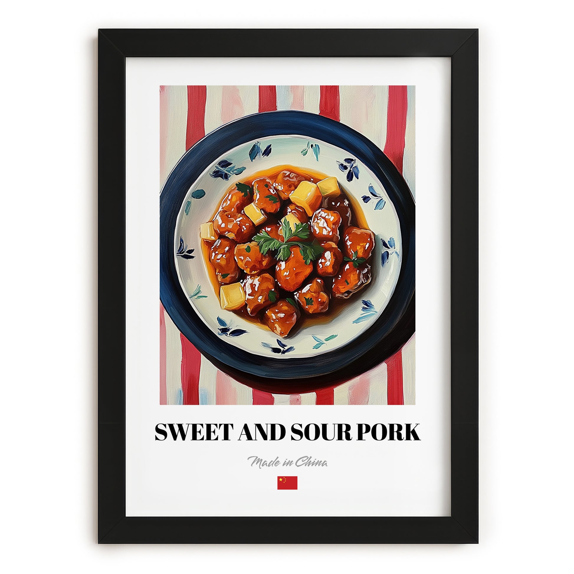 Sweet and Sour Pork – on Striped Tablecloth, Chinese Food Print, in sleek black frame