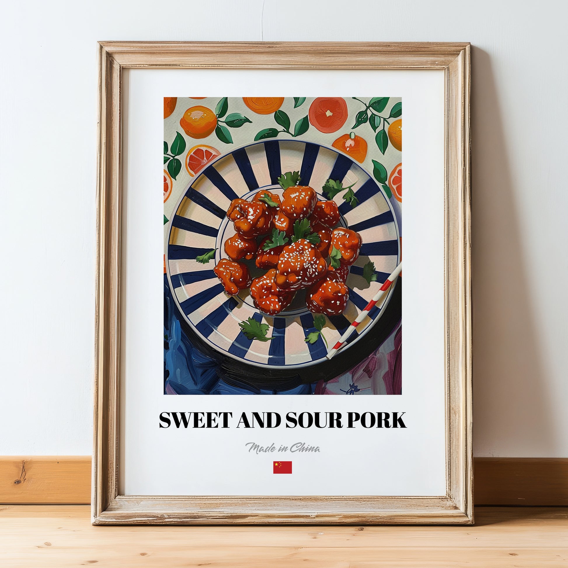 Sweet and Sour Pork – Oil Painting, Chinese Food Illustration, in wooden frame leaning on the floor