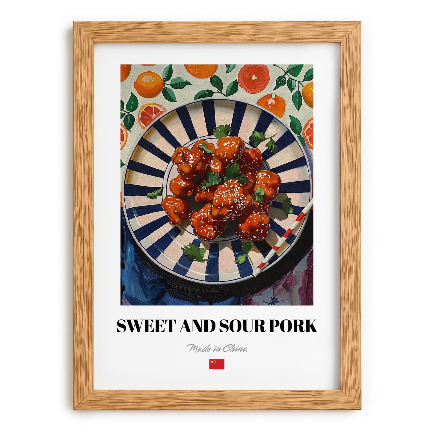 Sweet and Sour Pork – Oil Painting, Chinese Food Illustration, set in oak frame