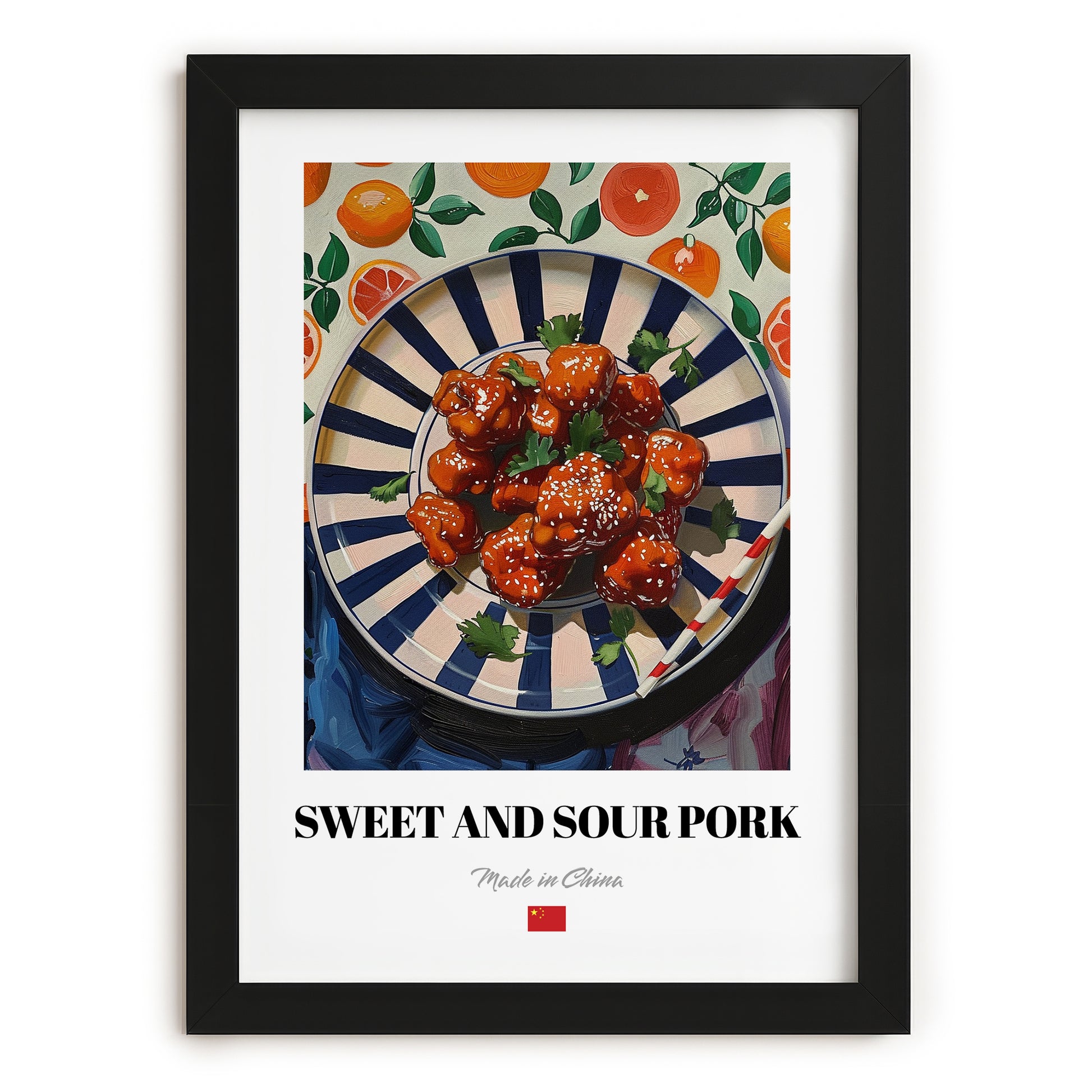 Sweet and Sour Pork – Oil Painting, Chinese Food Illustration, in sleek black frame