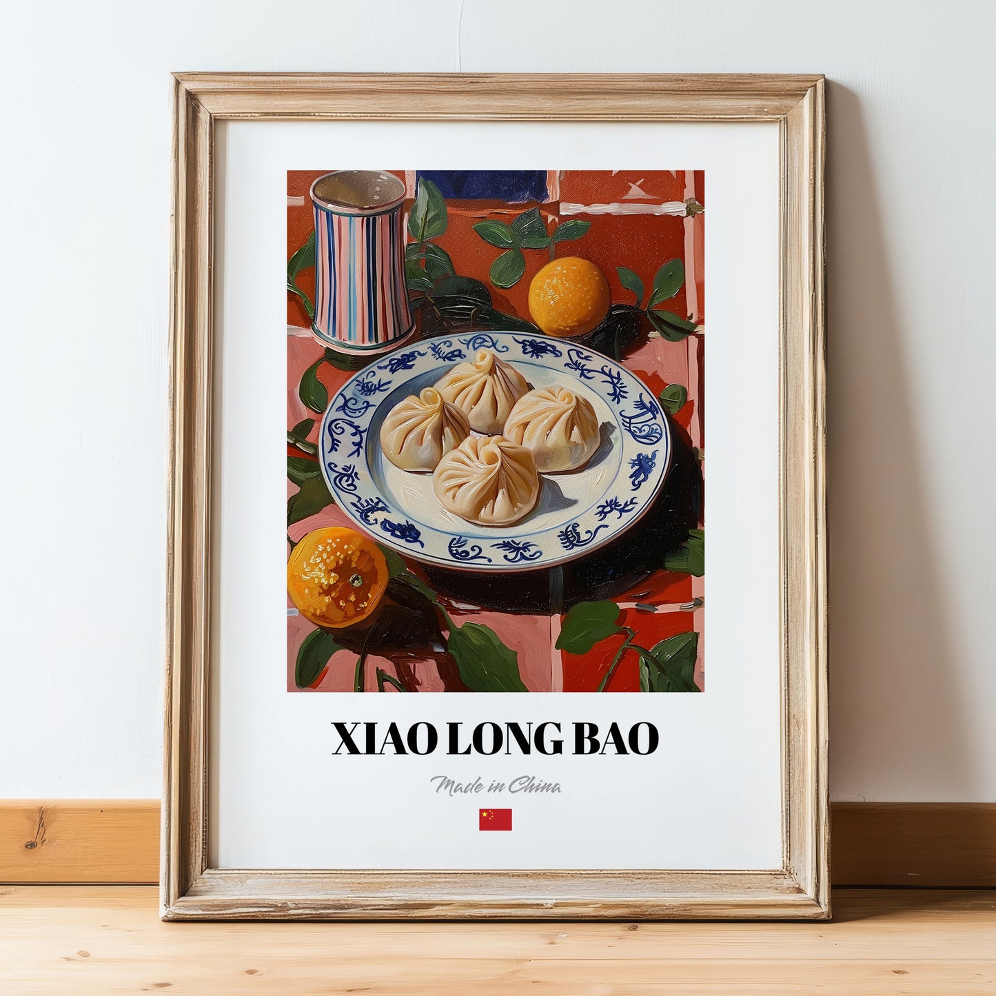Xiao Long Bao – Colorful Oil Painting, Chinese Food Wall Decor, in wooden frame leaning on the floor