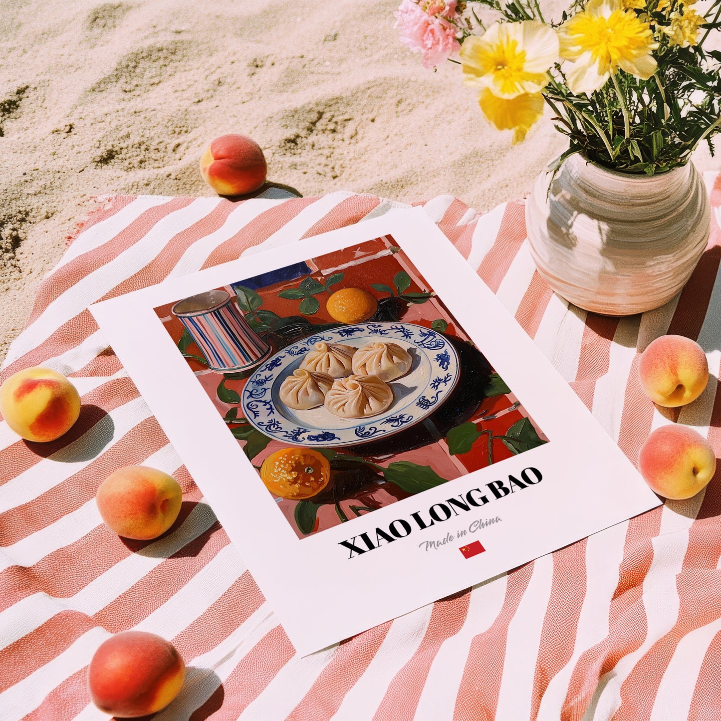 Xiao Long Bao – Colorful Oil Painting, Chinese Food Wall Decor, unframed on coastal sand