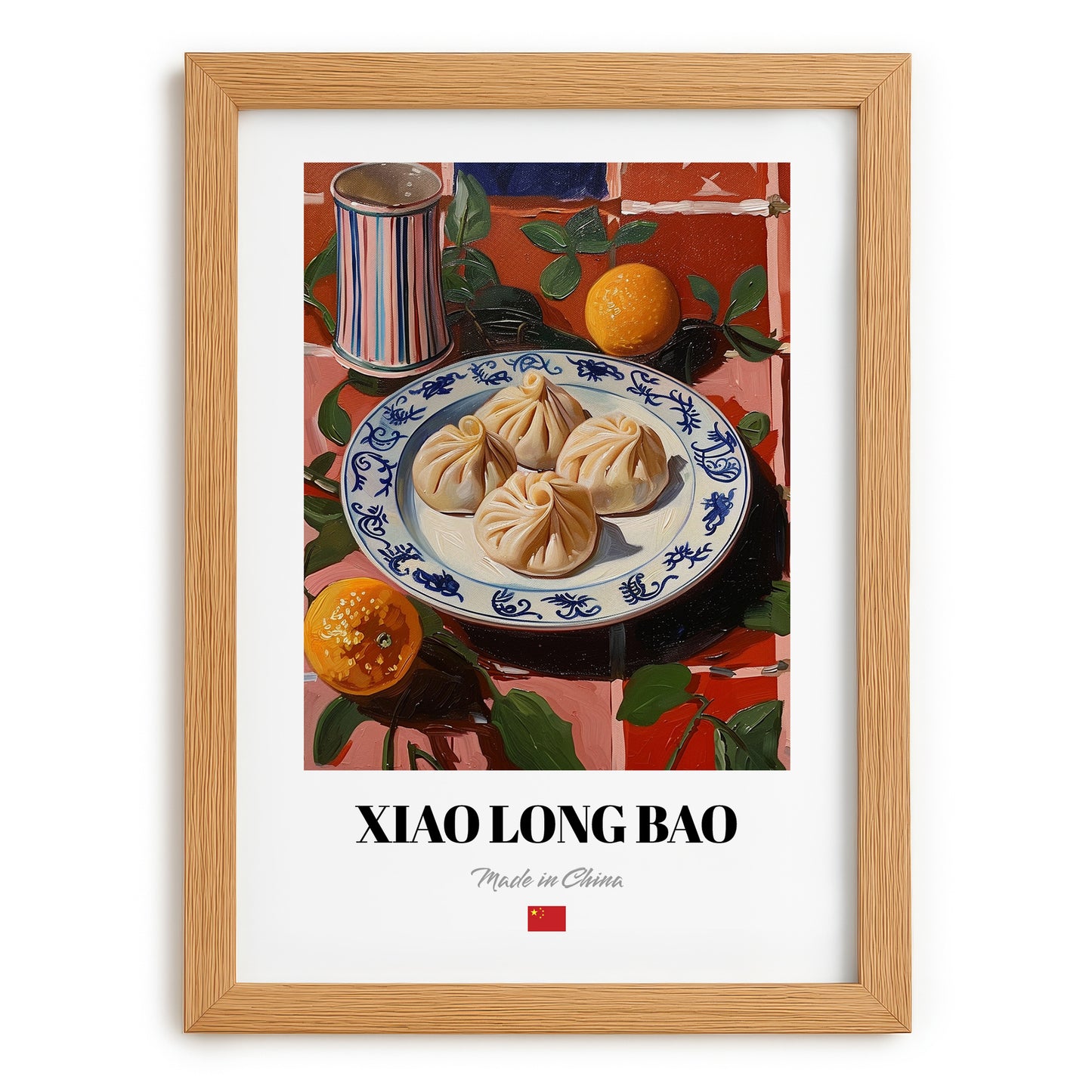 Xiao Long Bao – Colorful Oil Painting, Chinese Food Wall Decor, set in oak frame