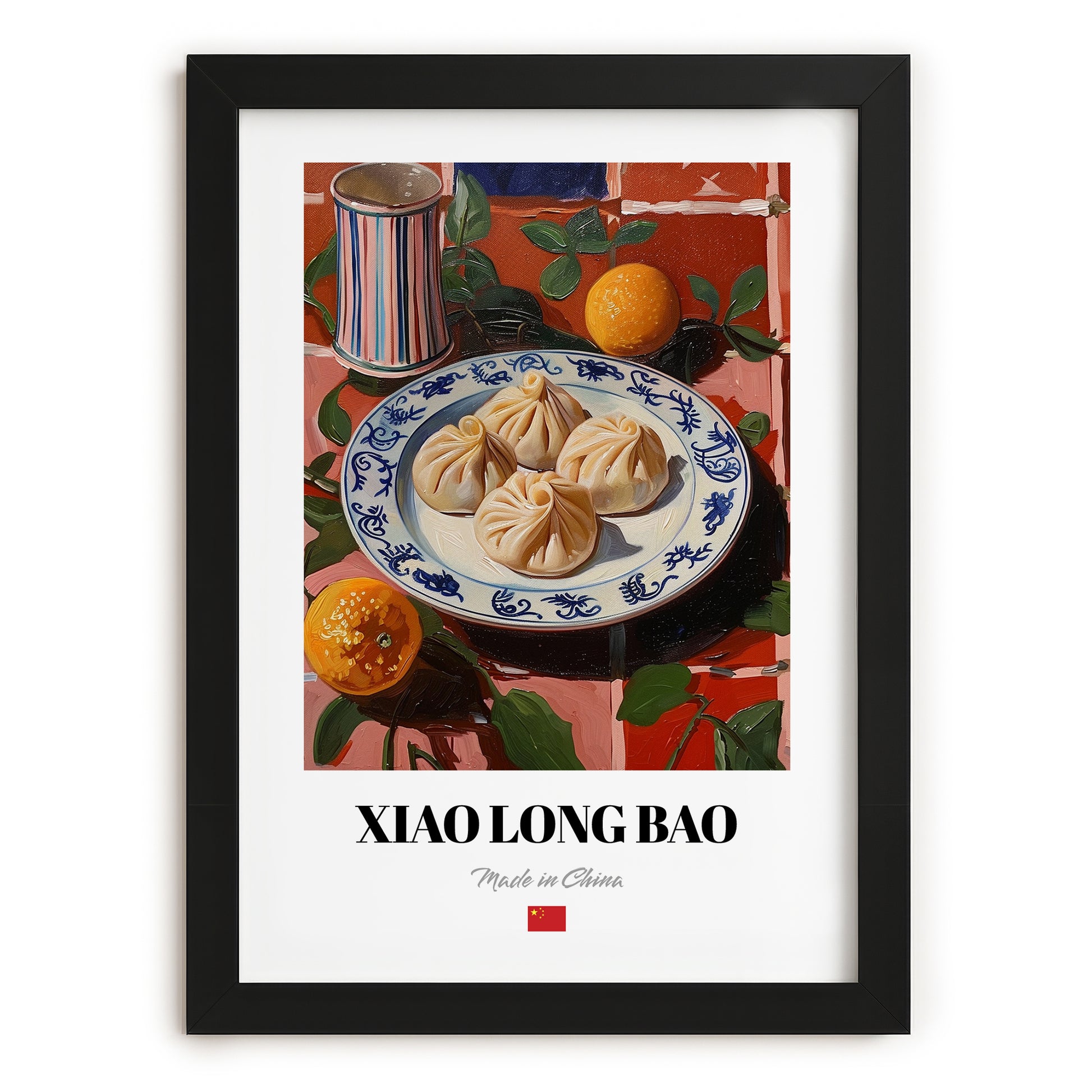 Xiao Long Bao – Colorful Oil Painting, Chinese Food Wall Decor, in sleek black frame