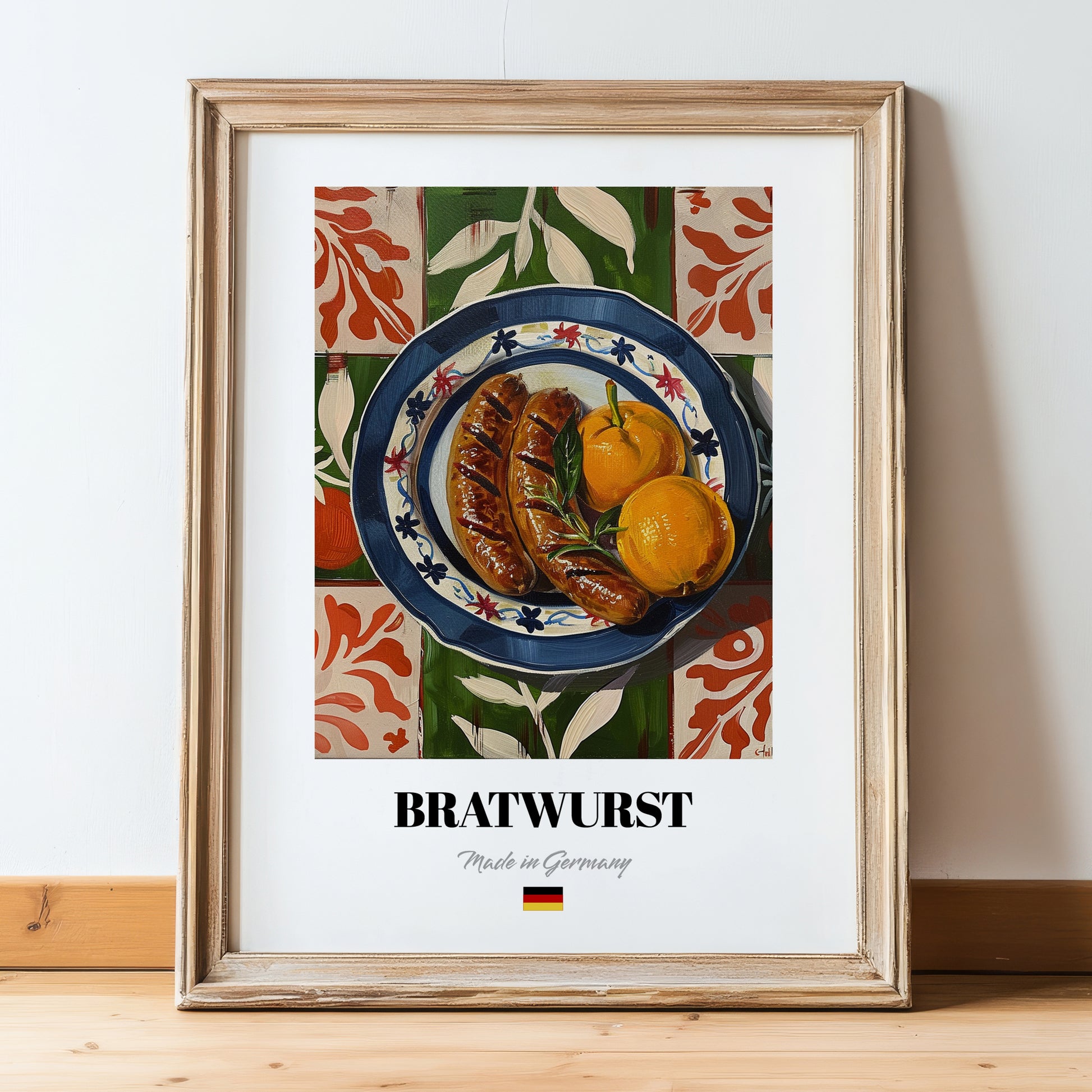 Bratwurst – Colorful Oil Painting, German Food Illustration, in wooden frame leaning on the floor