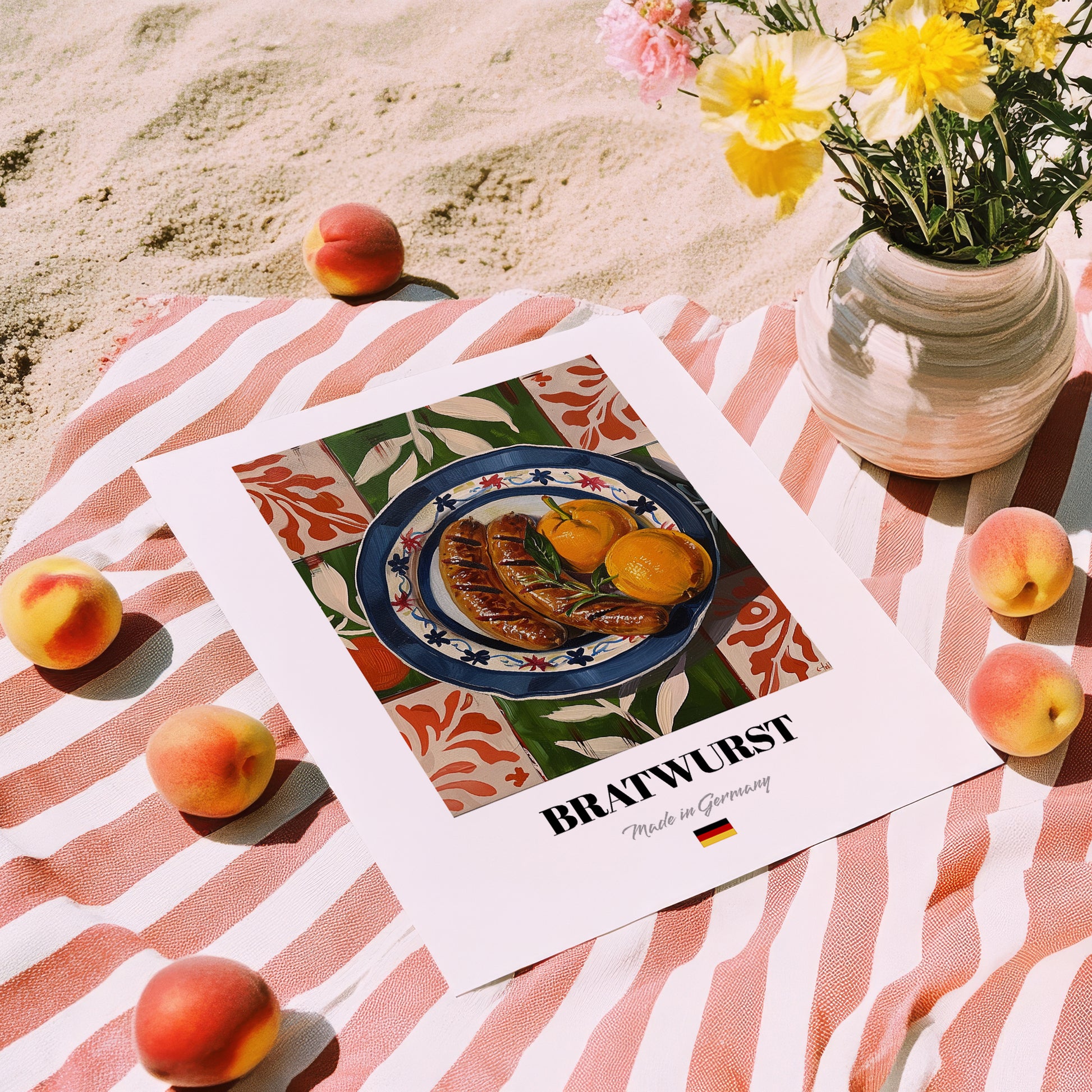 Bratwurst – Colorful Oil Painting, German Food Illustration, unframed on coastal sand