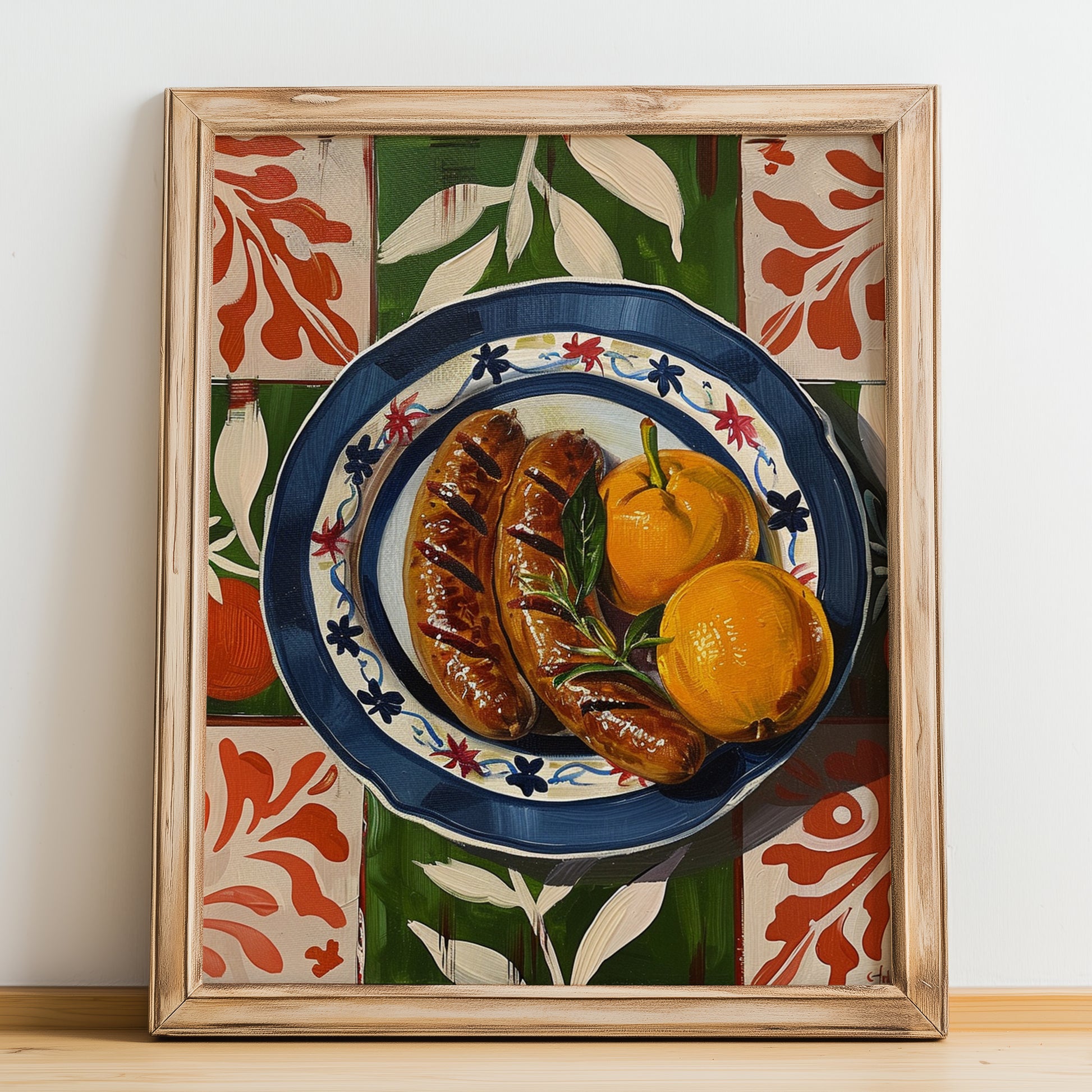 Bratwurst – Colorful Oil Painting, German Food Illustration, no-text version framed in wood