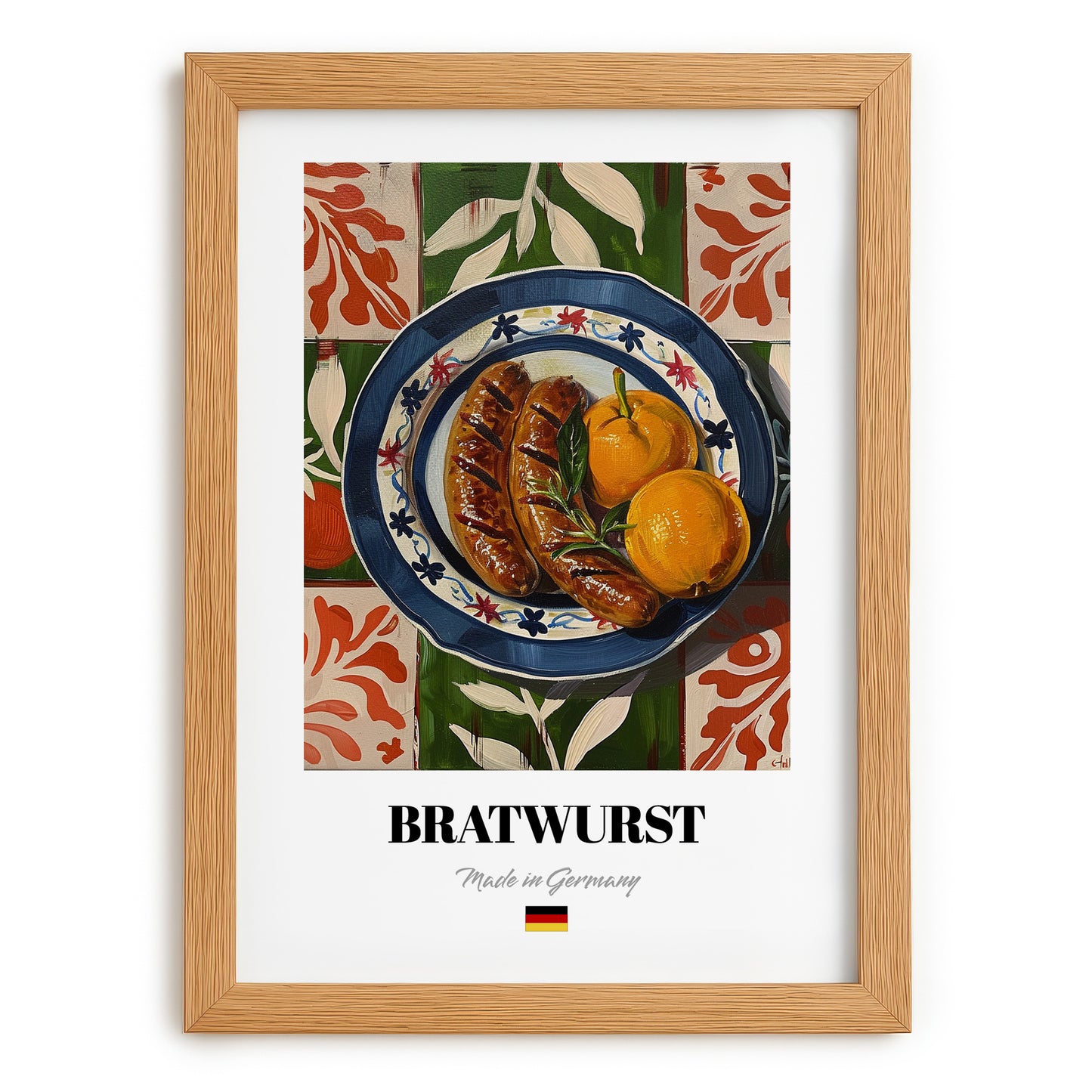 Bratwurst – Colorful Oil Painting, German Food Illustration, set in oak frame