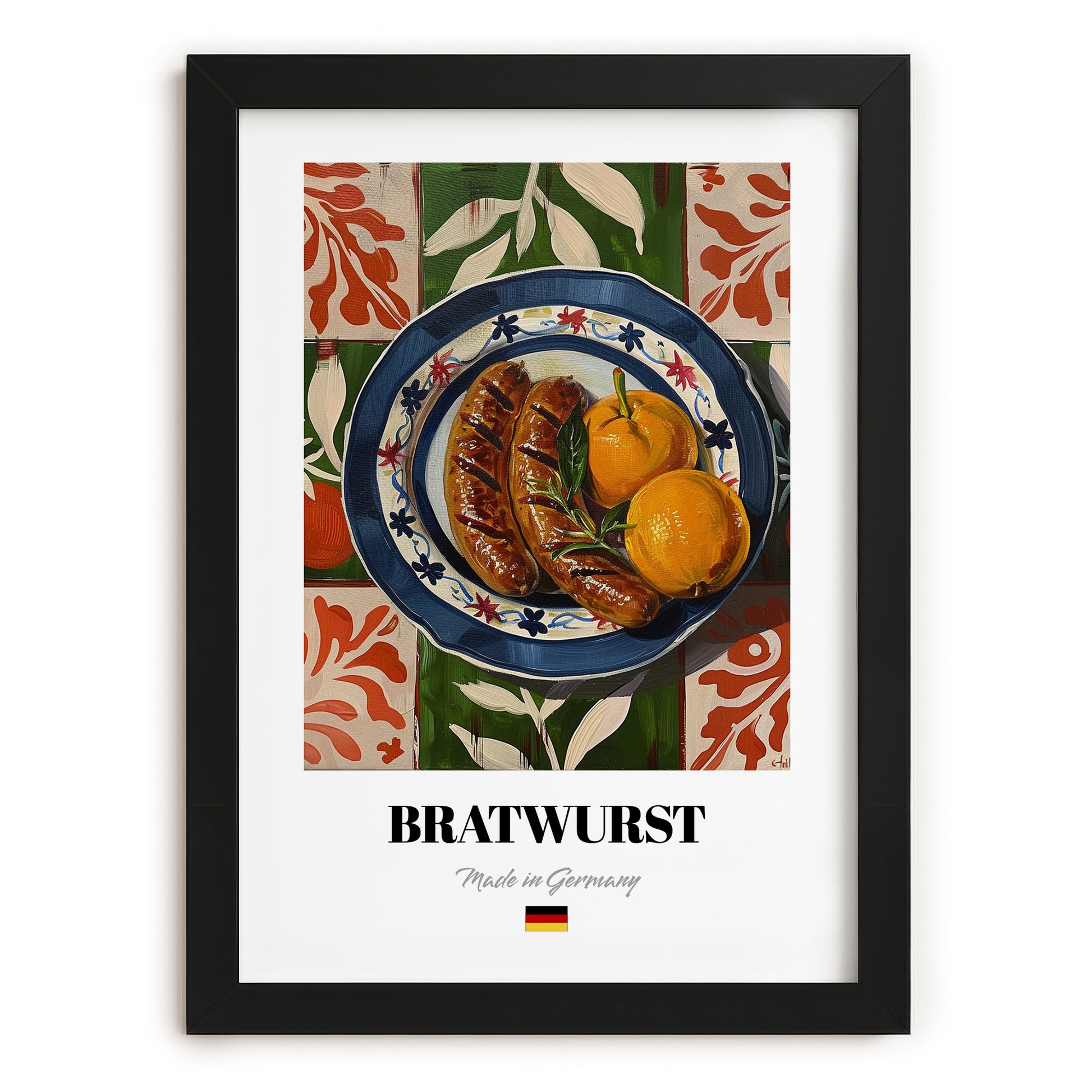 Bratwurst – Colorful Oil Painting, German Food Illustration, in sleek black frame