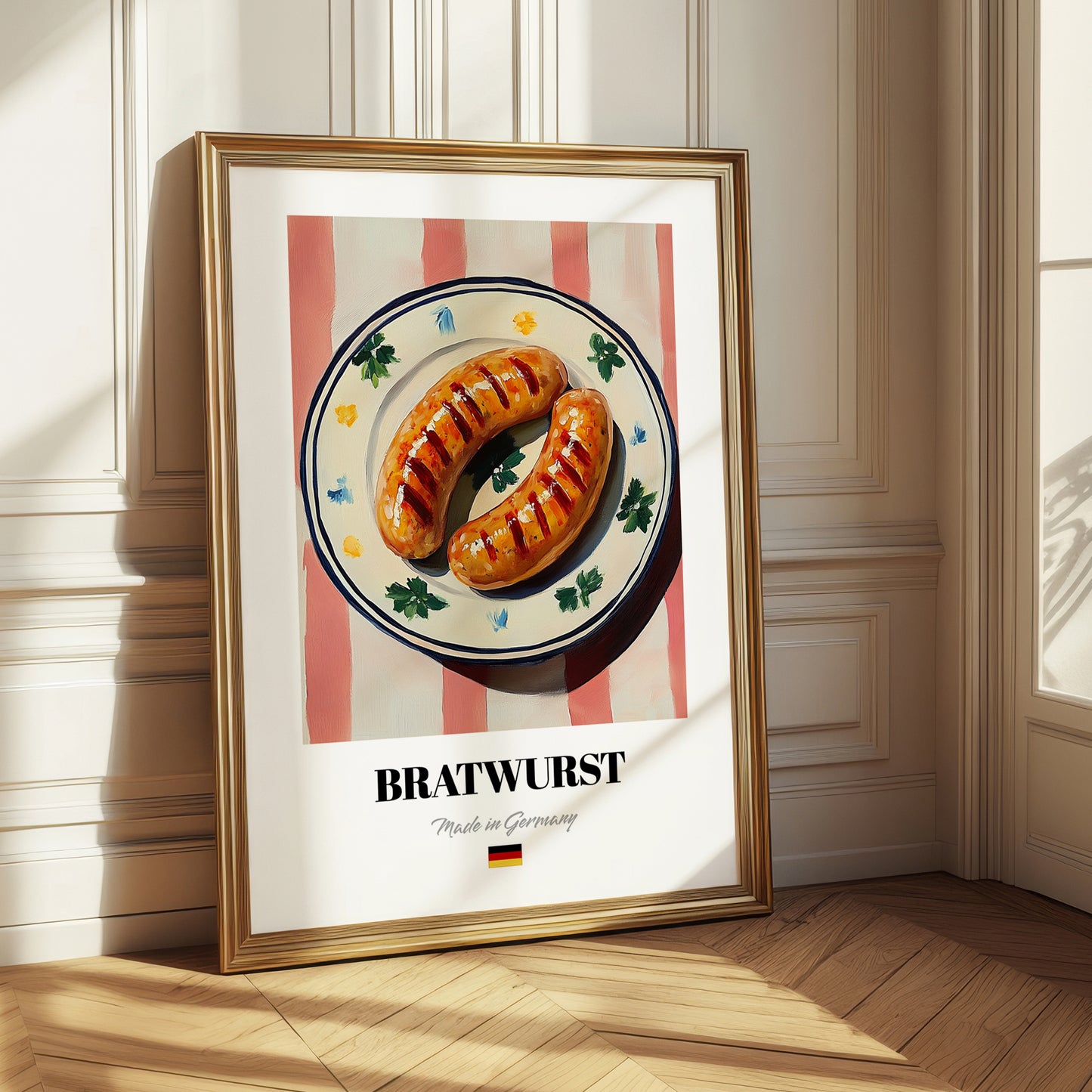 Bratwurst – on Striped Tablecloth, German Food Painting