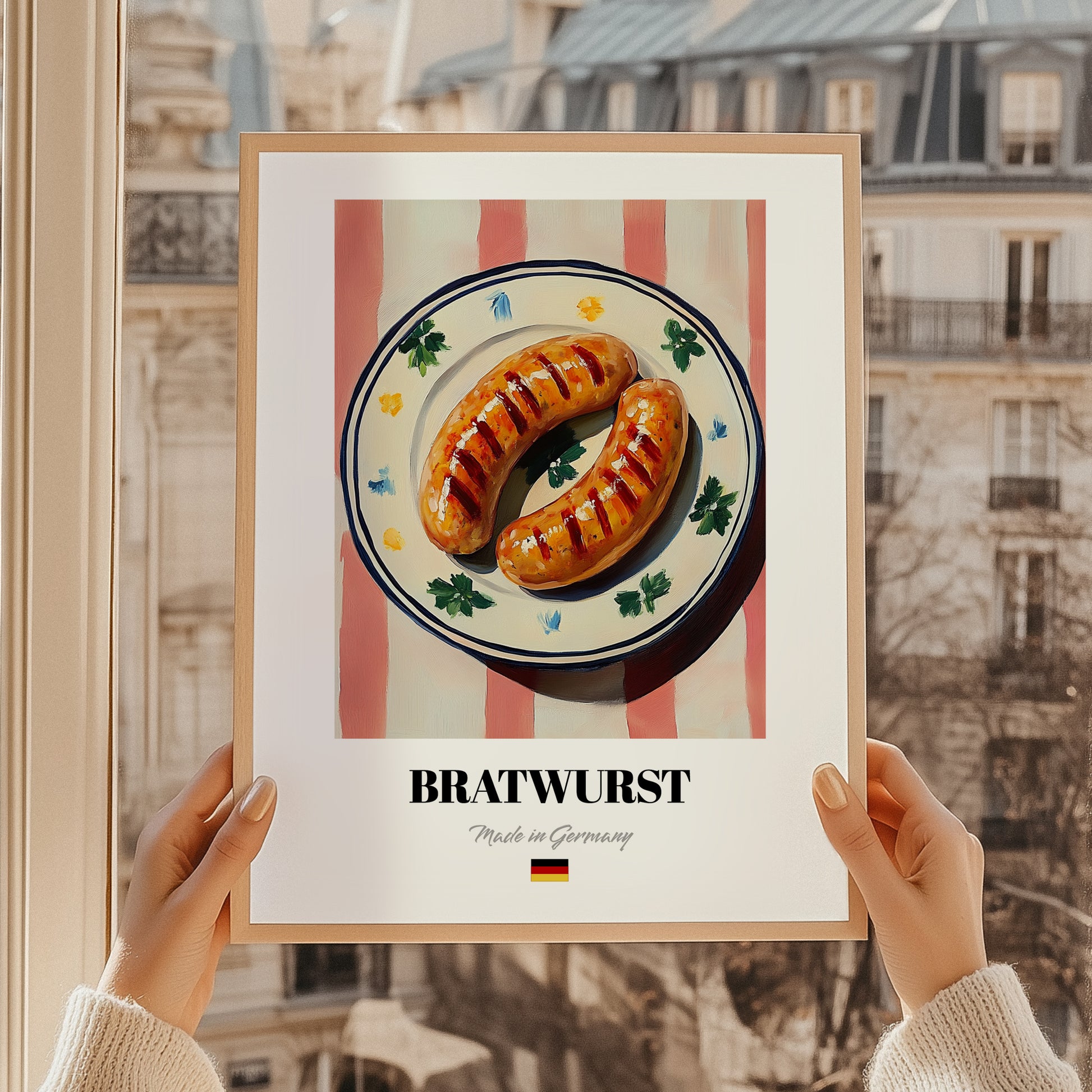 Bratwurst – on Striped Tablecloth, German Food Painting, styled in a charming Paris street view