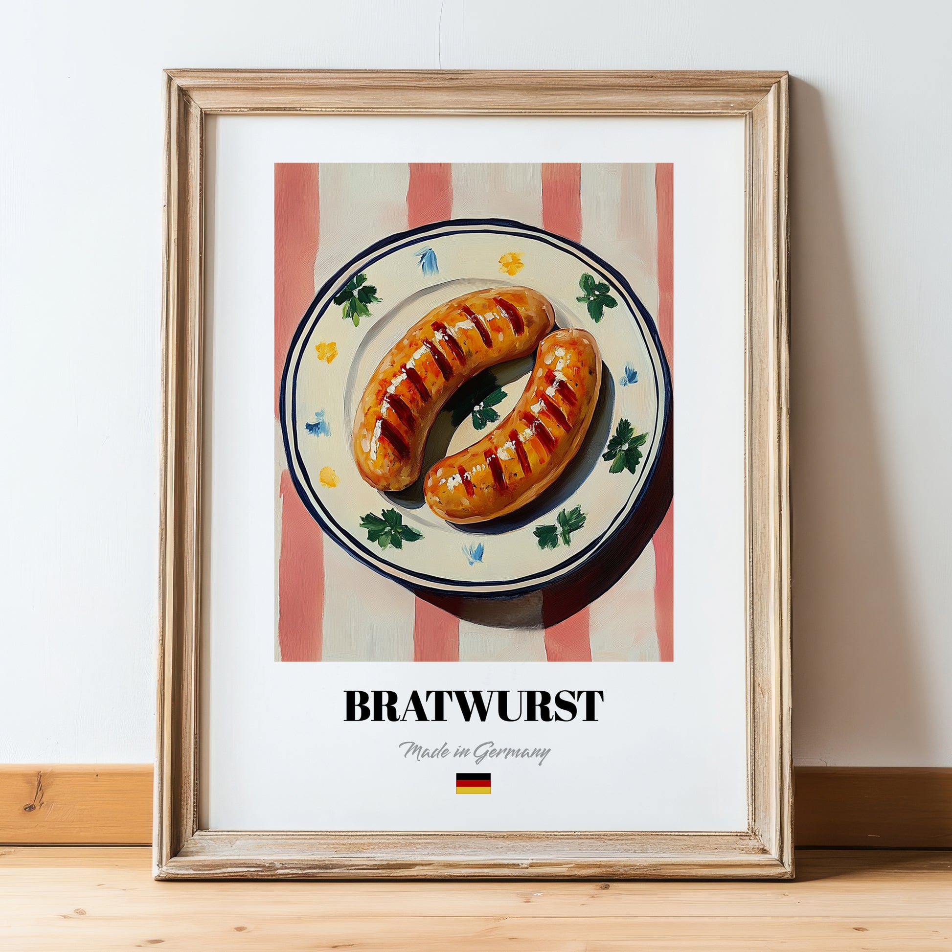 Bratwurst – on Striped Tablecloth, German Food Painting, in wooden frame leaning on the floor