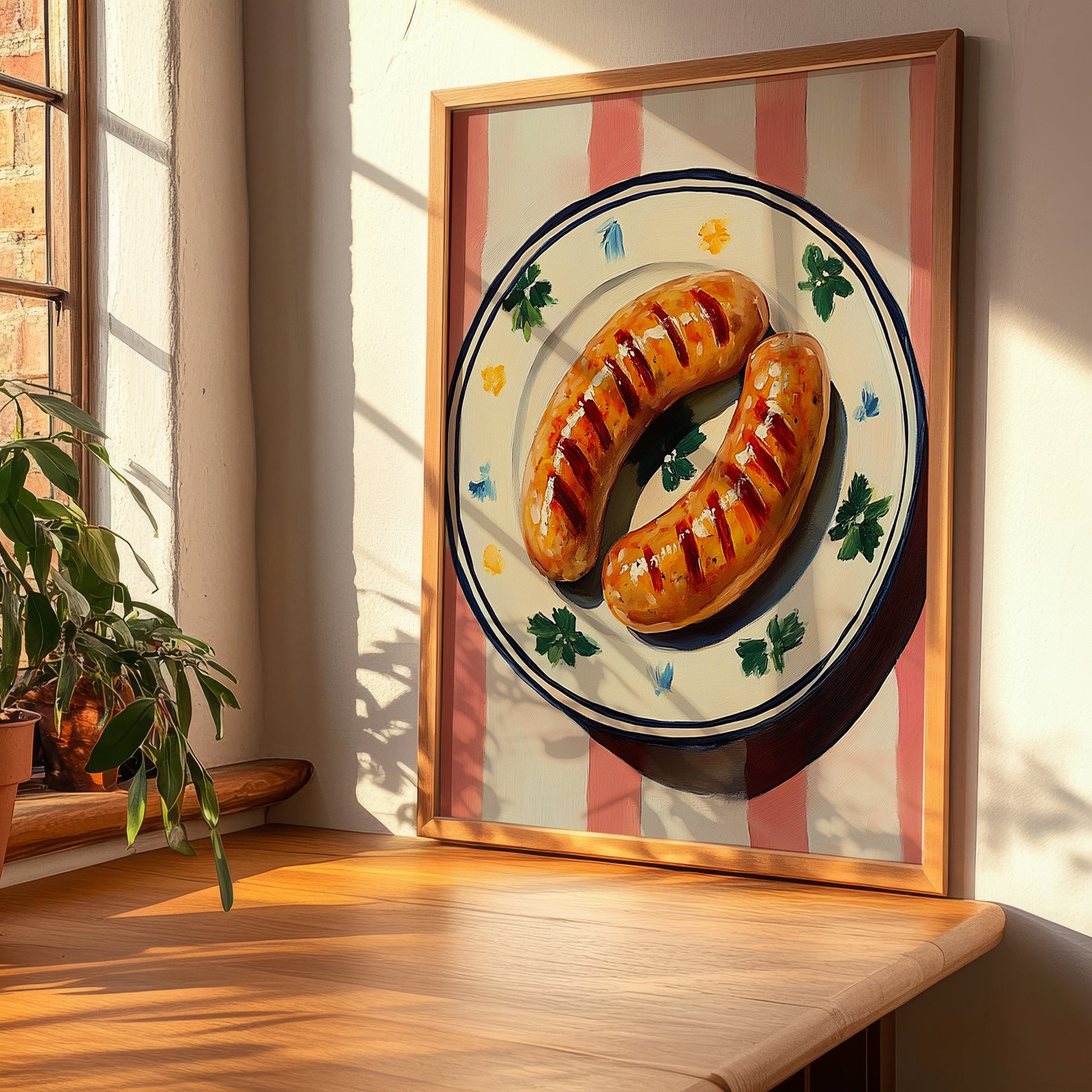 Bratwurst – on Striped Tablecloth, German Food Painting, clean layout with no caption