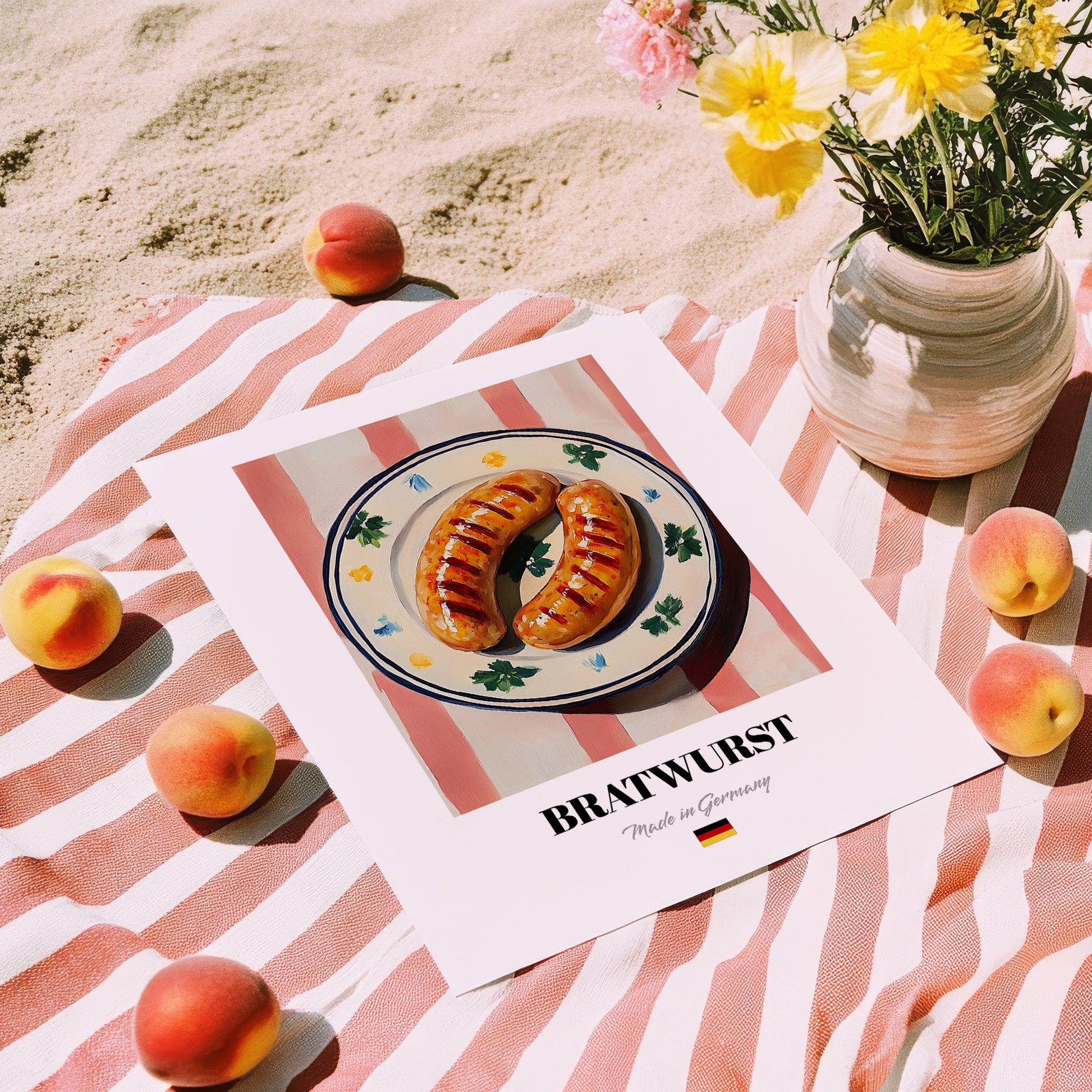 Bratwurst – on Striped Tablecloth, German Food Painting, unframed on coastal sand