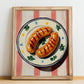 Bratwurst – on Striped Tablecloth, German Food Painting, no-text version framed in wood