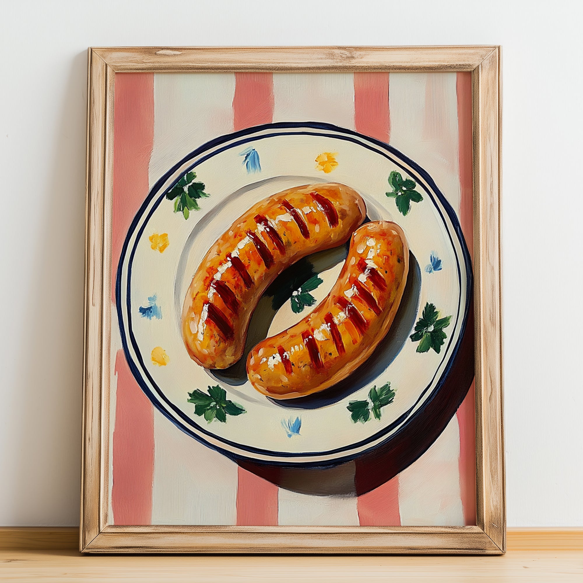 Bratwurst – on Striped Tablecloth, German Food Painting, no-text version framed in wood