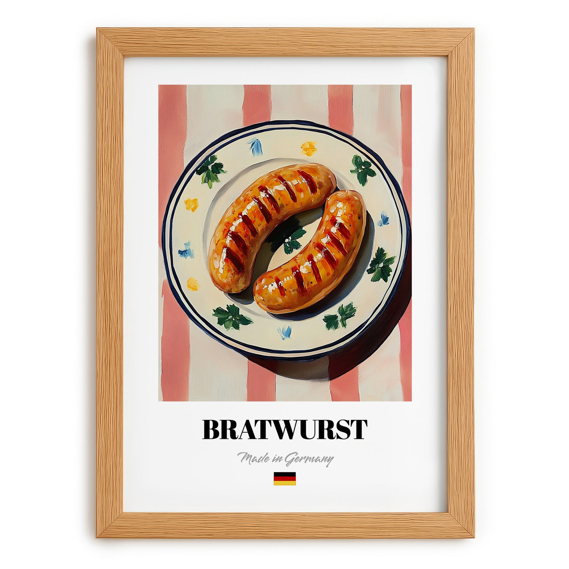Bratwurst – on Striped Tablecloth, German Food Painting, set in oak frame