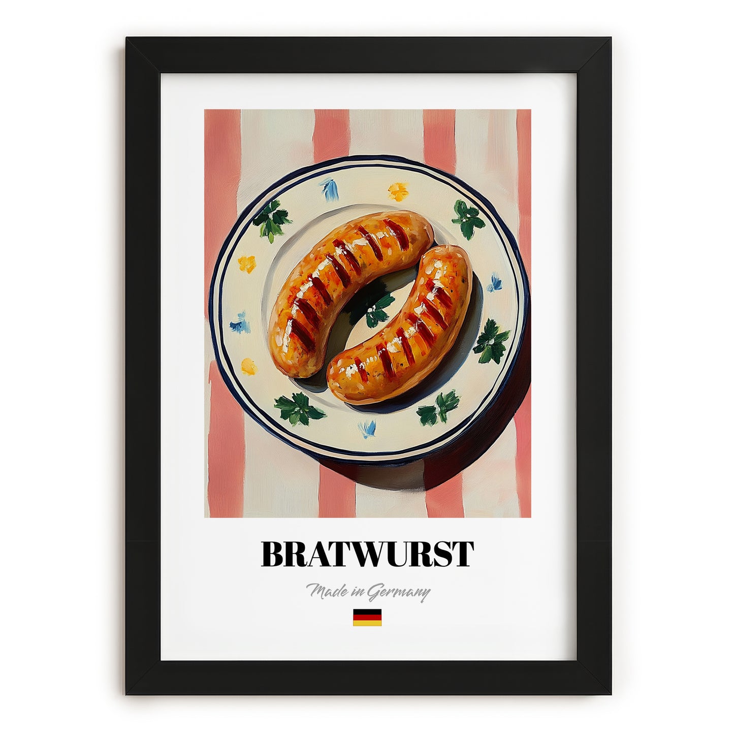 Bratwurst – on Striped Tablecloth, German Food Painting, in sleek black frame