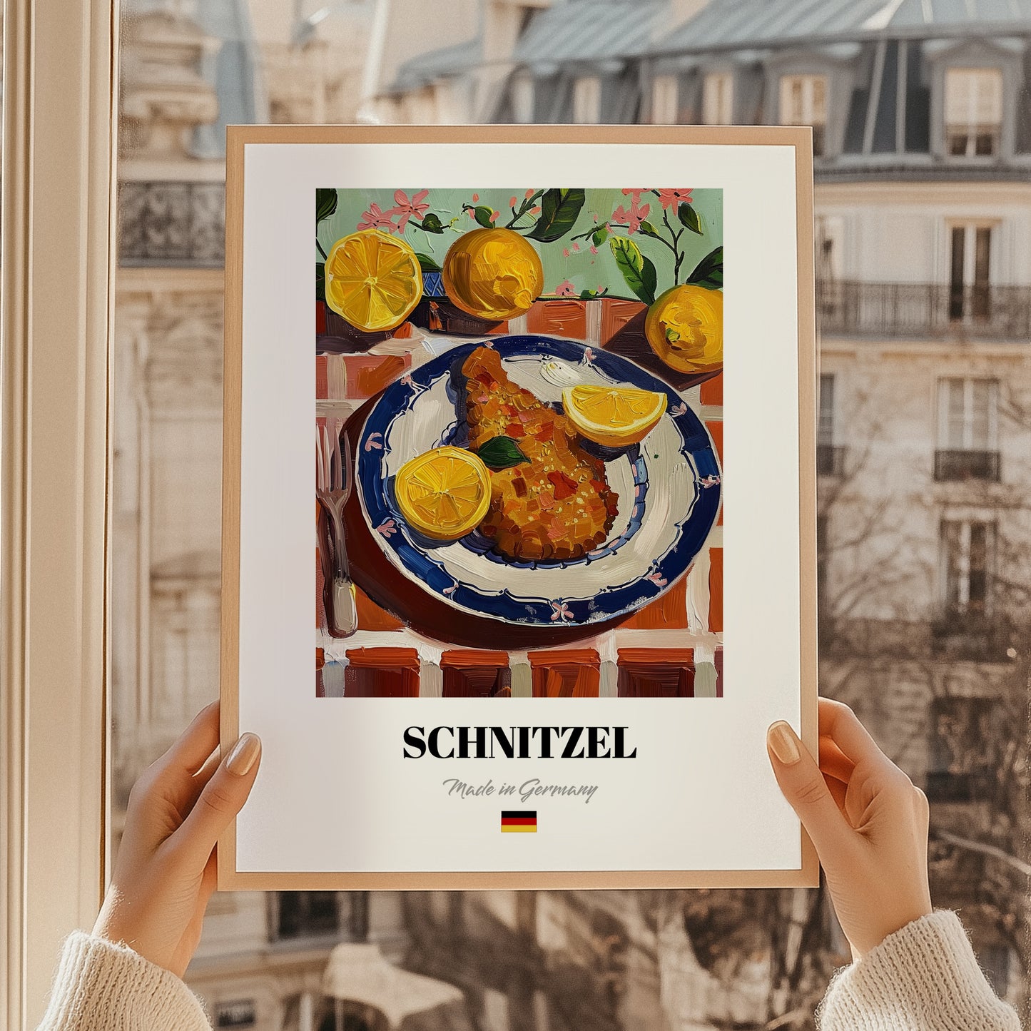 Schnitzel – Oil Painting, German Food Wall Decor, styled in a charming Paris street view