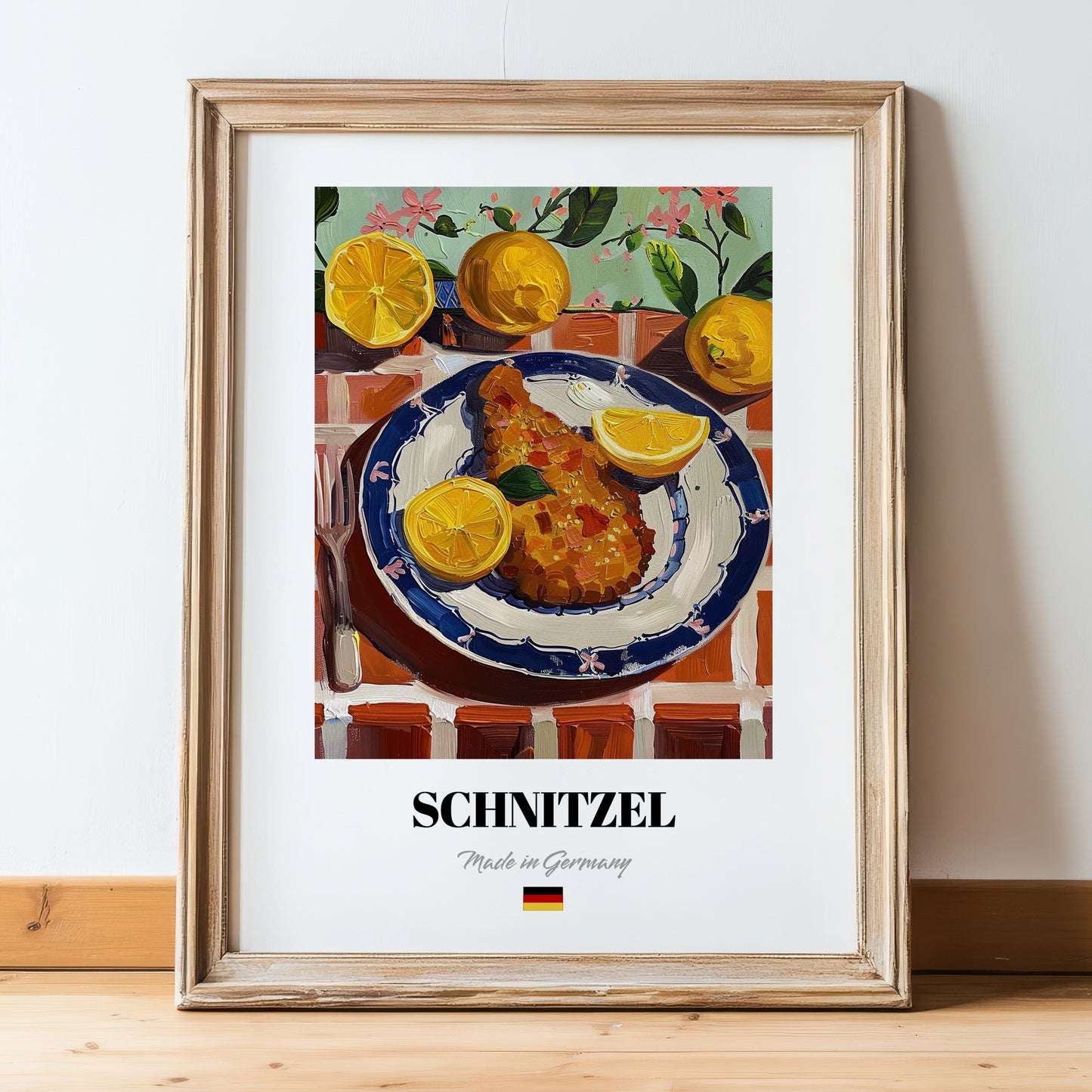 Schnitzel – Oil Painting, German Food Wall Decor, in wooden frame leaning on the floor
