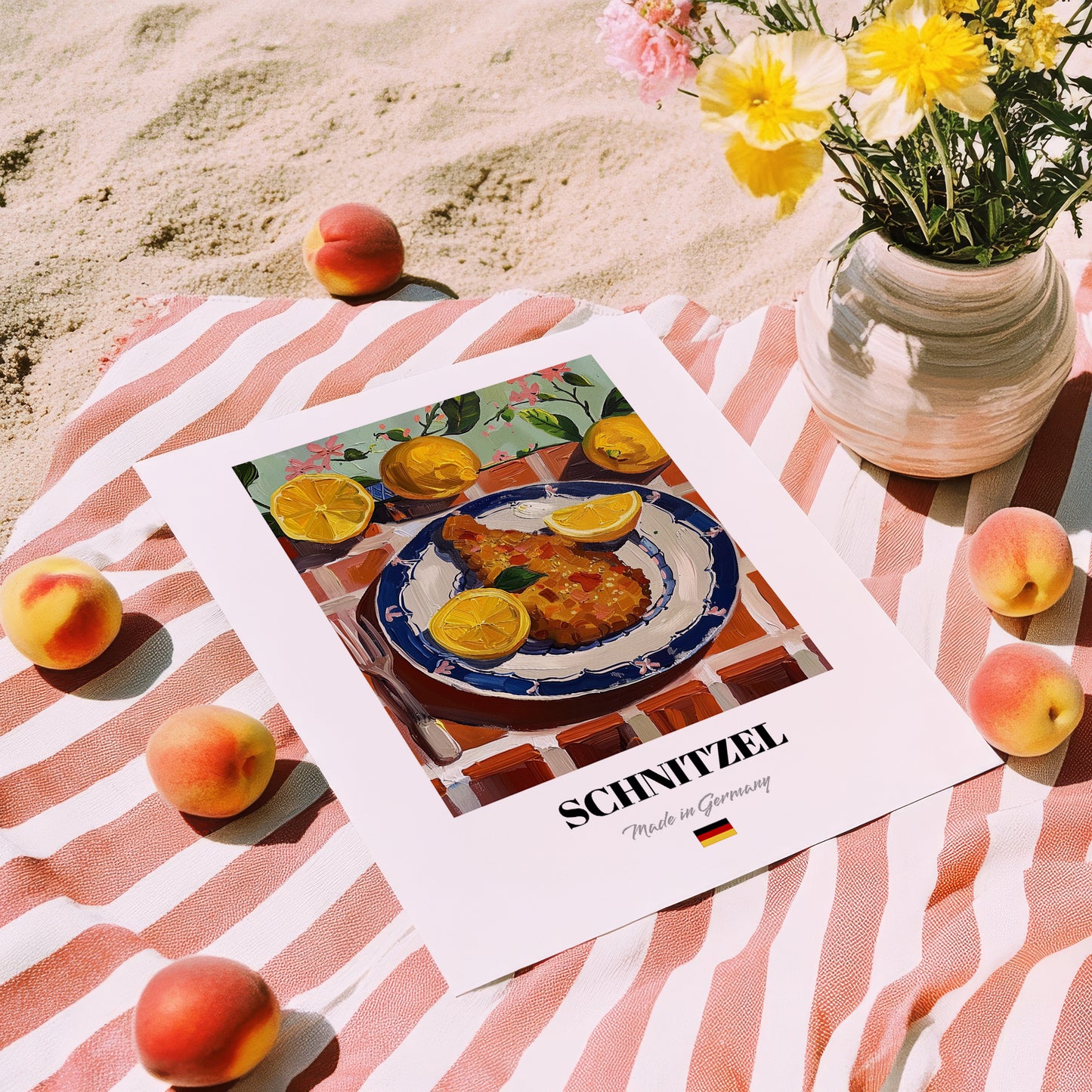 Schnitzel – Oil Painting, German Food Wall Decor, unframed on coastal sand