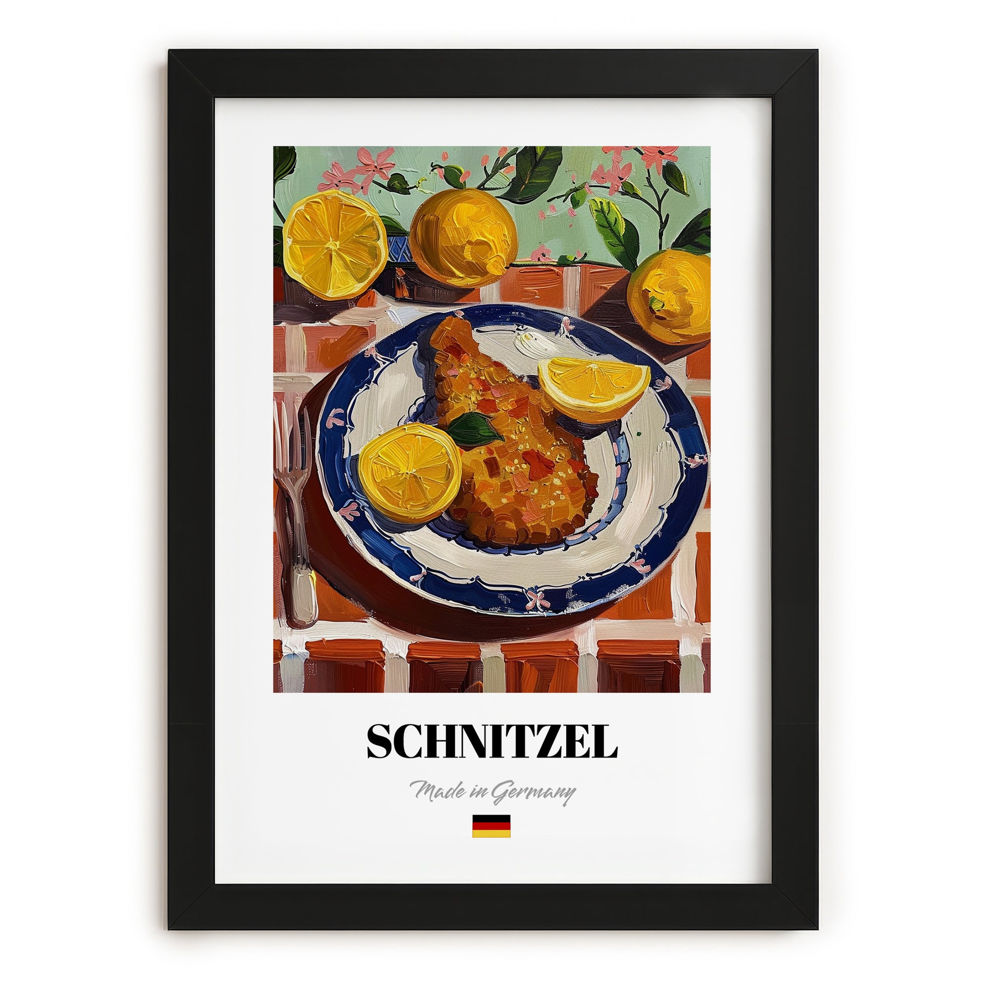 Schnitzel – Oil Painting, German Food Wall Decor, in sleek black frame