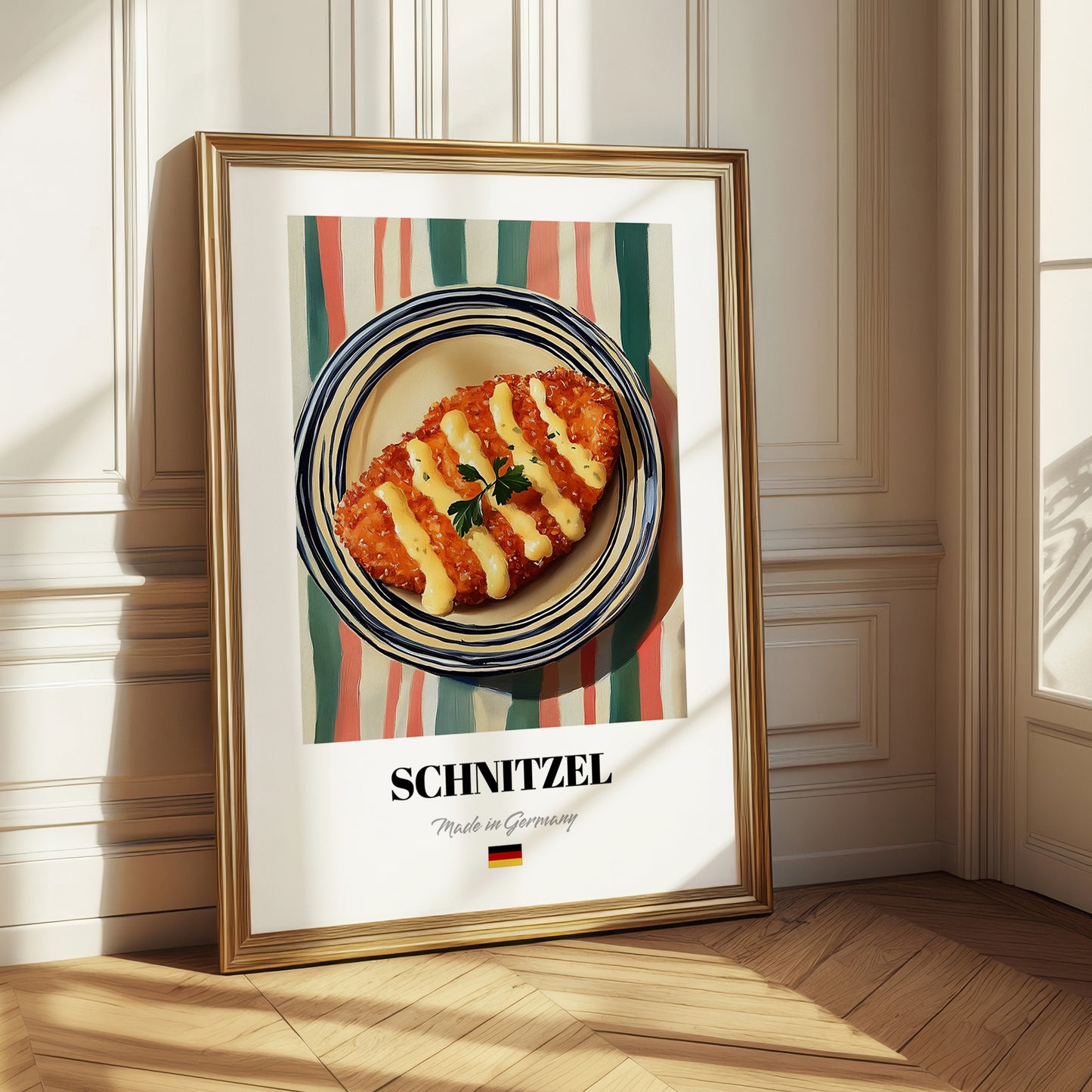Schnitzel – on Striped Tablecloth, German Food Poster