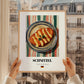 Schnitzel – on Striped Tablecloth, German Food Poster, styled in a charming Paris street view