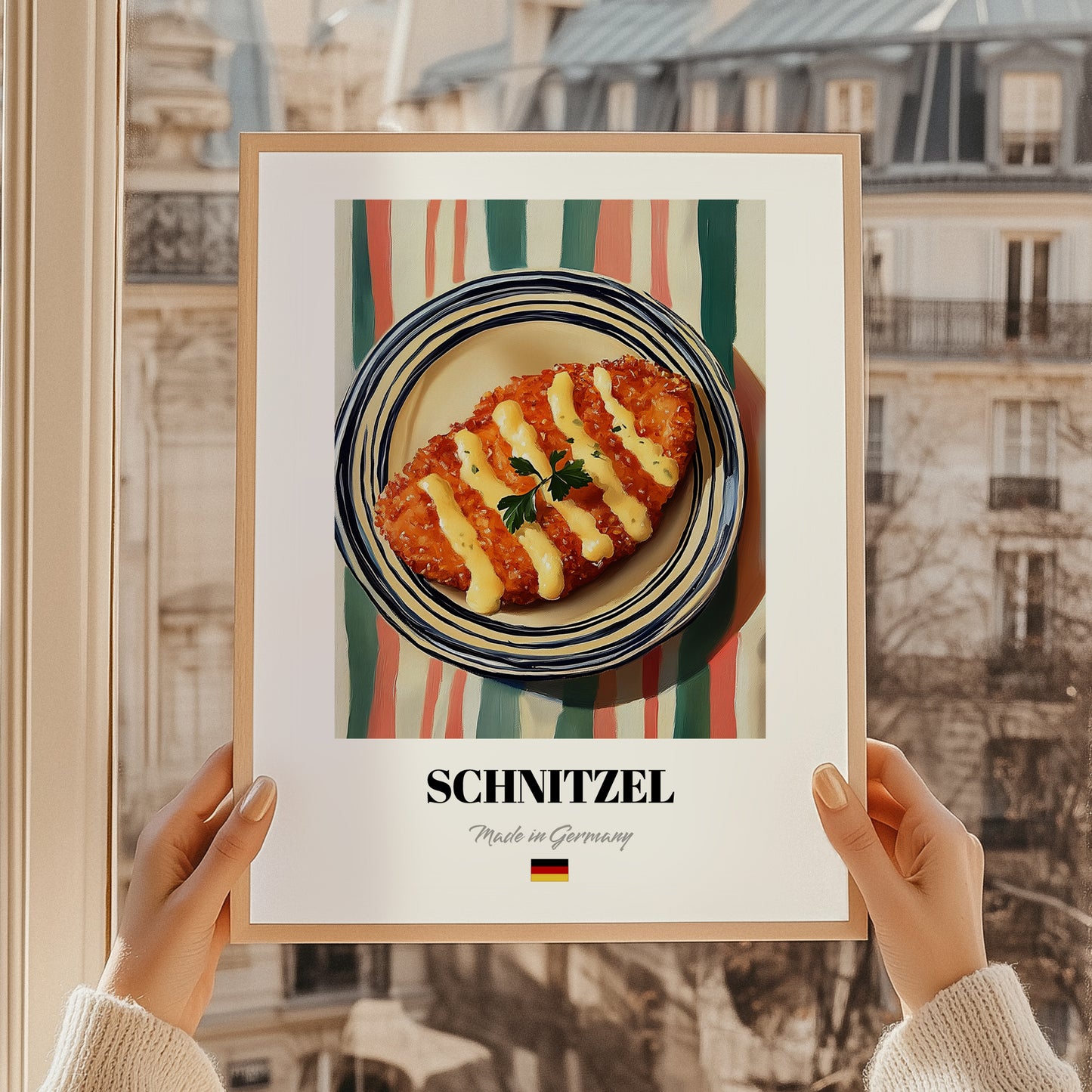 Schnitzel – on Striped Tablecloth, German Food Poster, styled in a charming Paris street view