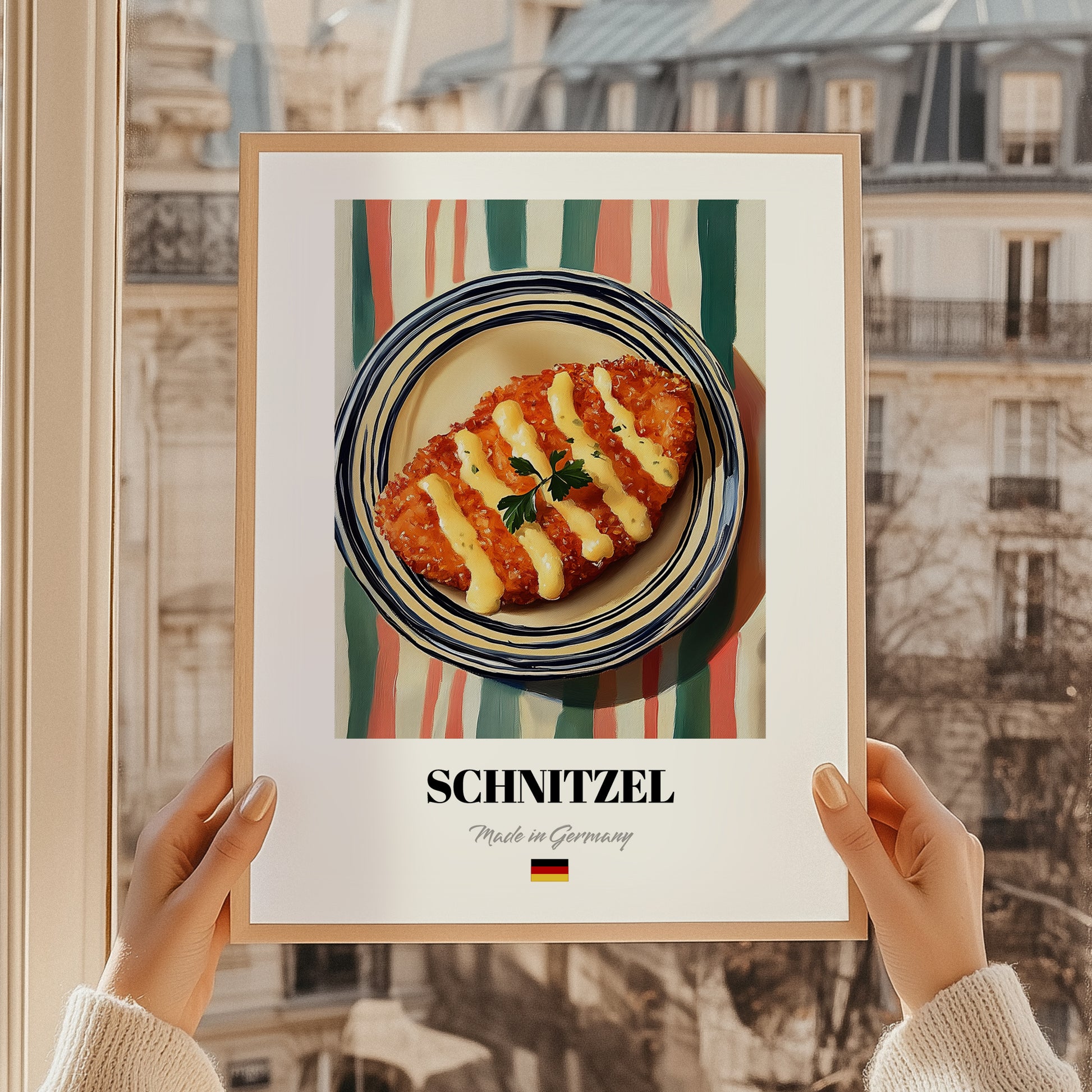 Schnitzel – on Striped Tablecloth, German Food Poster, styled in a charming Paris street view