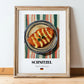 Schnitzel – on Striped Tablecloth, German Food Poster, in wooden frame leaning on the floor