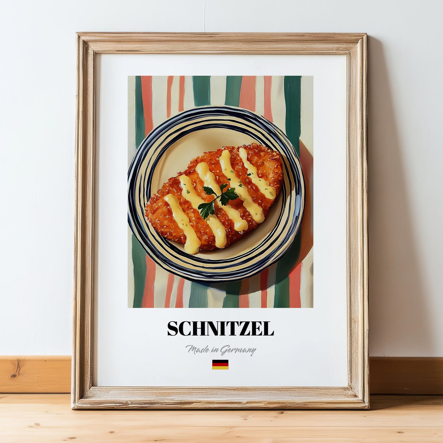Schnitzel – on Striped Tablecloth, German Food Poster, in wooden frame leaning on the floor