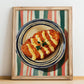 Schnitzel – on Striped Tablecloth, German Food Poster, no-text version framed in wood