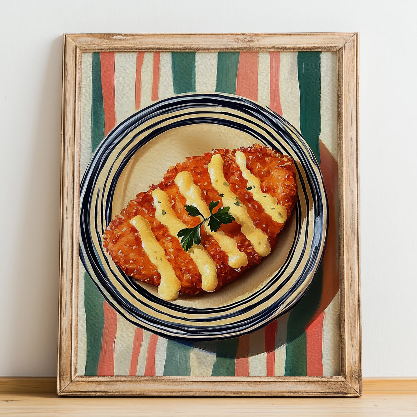 Schnitzel – on Striped Tablecloth, German Food Poster, no-text version framed in wood