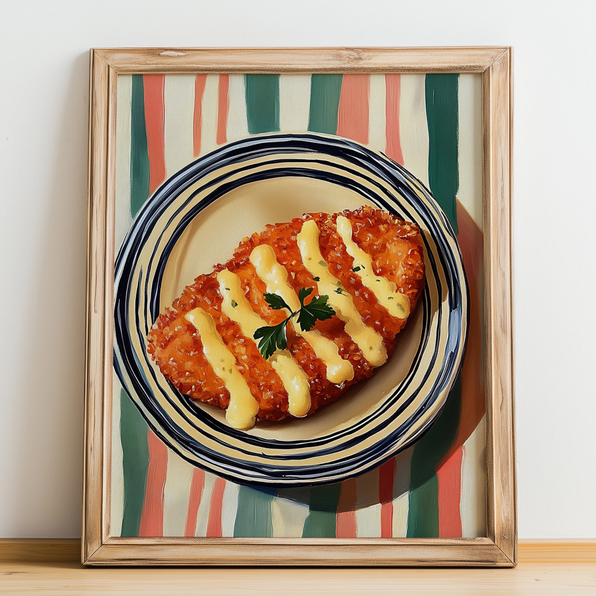 Schnitzel – on Striped Tablecloth, German Food Poster, no-text version framed in wood