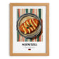Schnitzel – on Striped Tablecloth, German Food Poster, set in oak frame