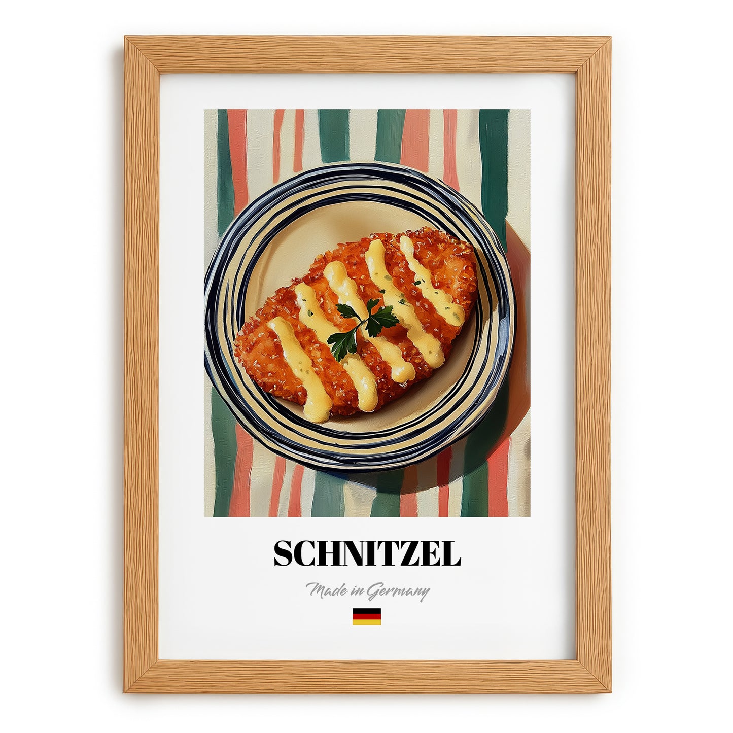 Schnitzel – on Striped Tablecloth, German Food Poster, set in oak frame