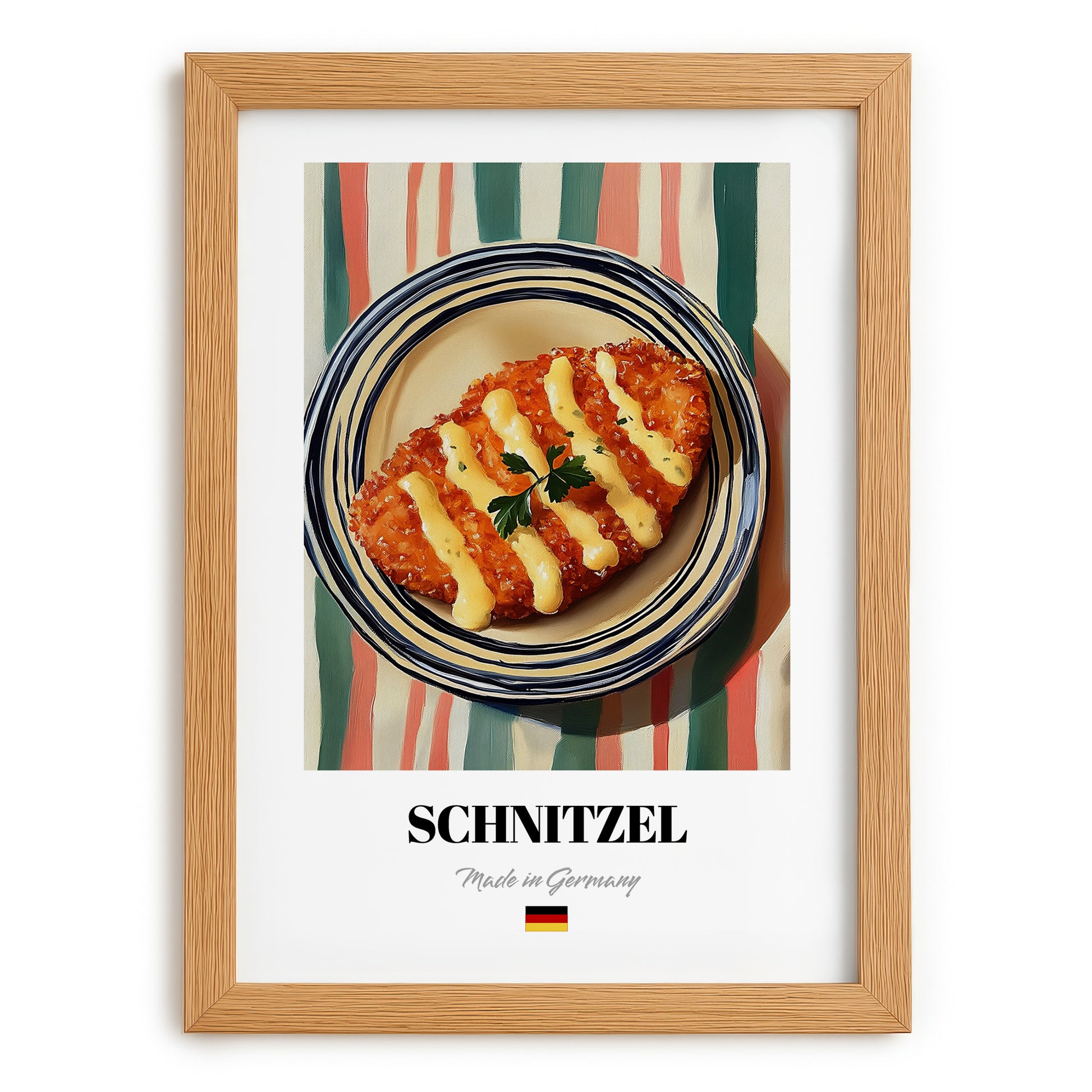 Schnitzel – on Striped Tablecloth, German Food Poster, set in oak frame