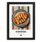 Schnitzel – on Striped Tablecloth, German Food Poster, in sleek black frame