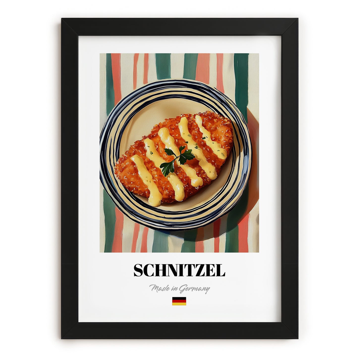 Schnitzel – on Striped Tablecloth, German Food Poster, in sleek black frame