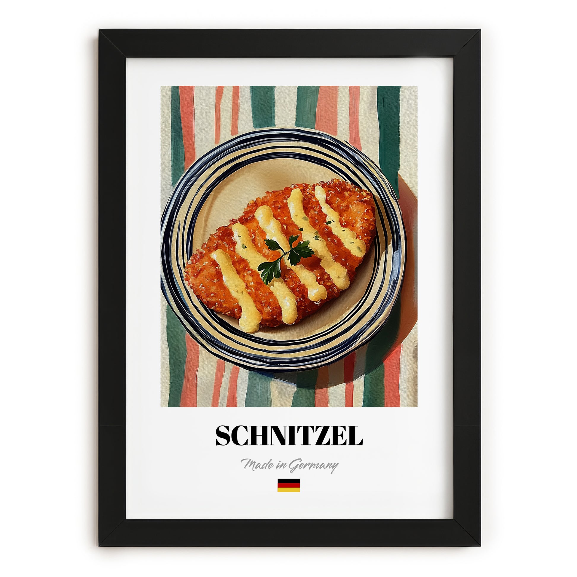 Schnitzel – on Striped Tablecloth, German Food Poster, in sleek black frame